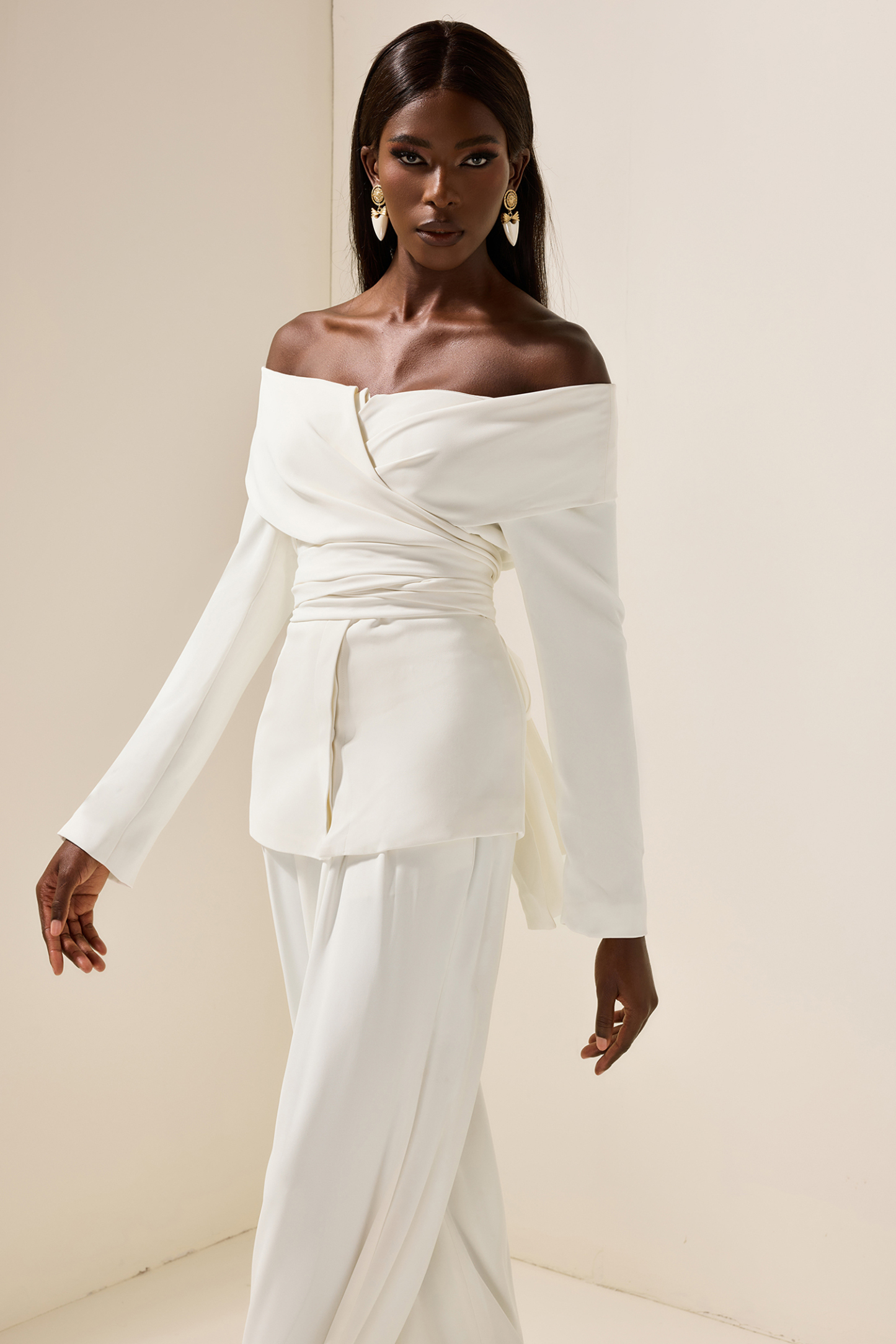 Long Sleeve Off-Shoulder Lace Up Twill Set White