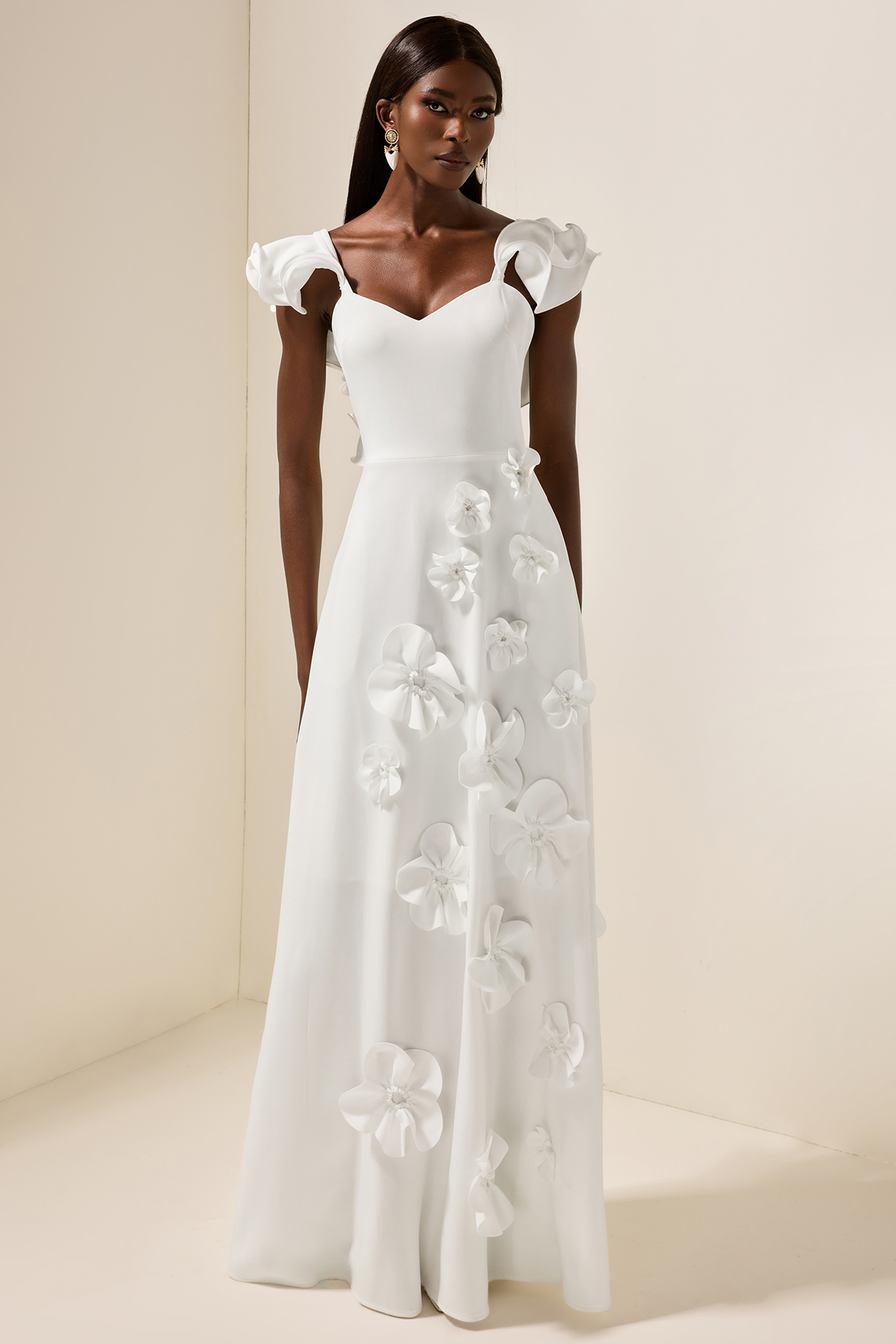 3D Flower Frill Sleeveless Maxi Dress