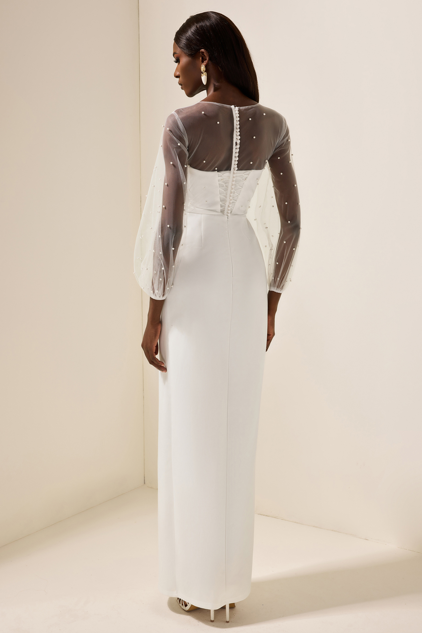 Faux Pearl Lantern Sleeve Midi Dress