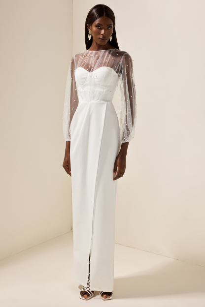 Faux Pearl Lantern Sleeve Midi Dress