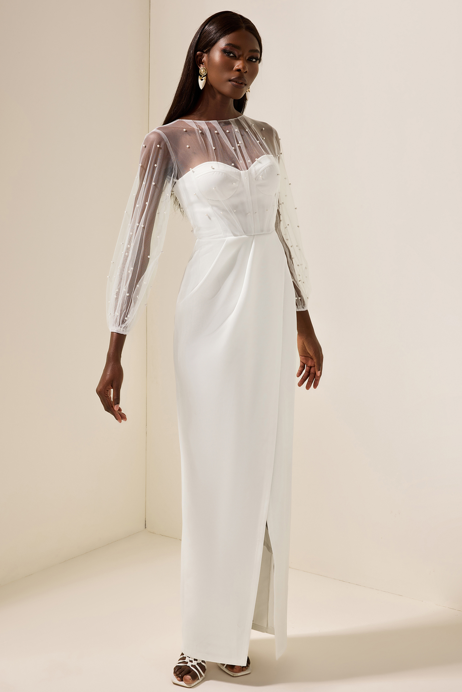 Faux Pearl Lantern Sleeve Midi Dress