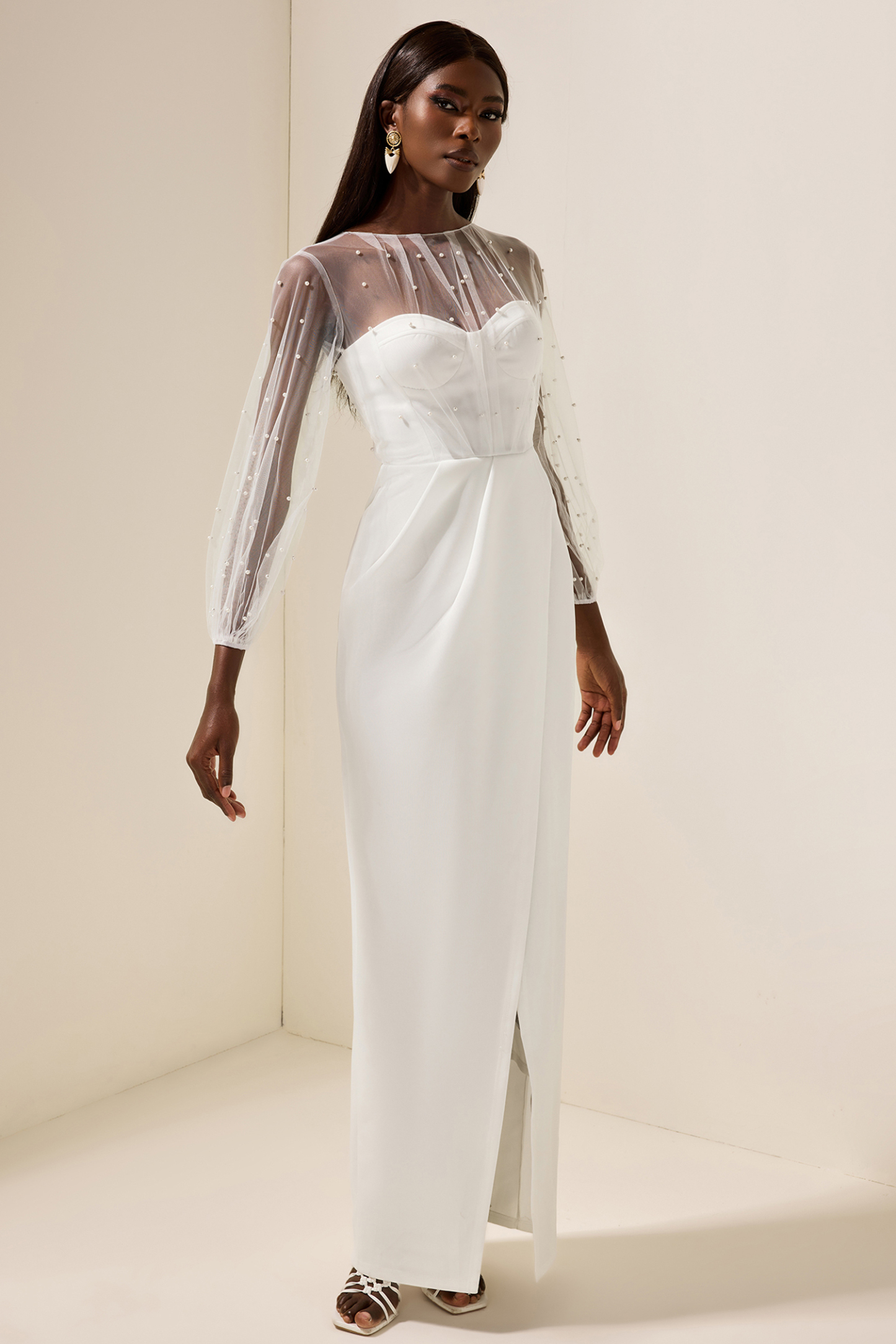 Faux Pearl Lantern Sleeve Midi Dress