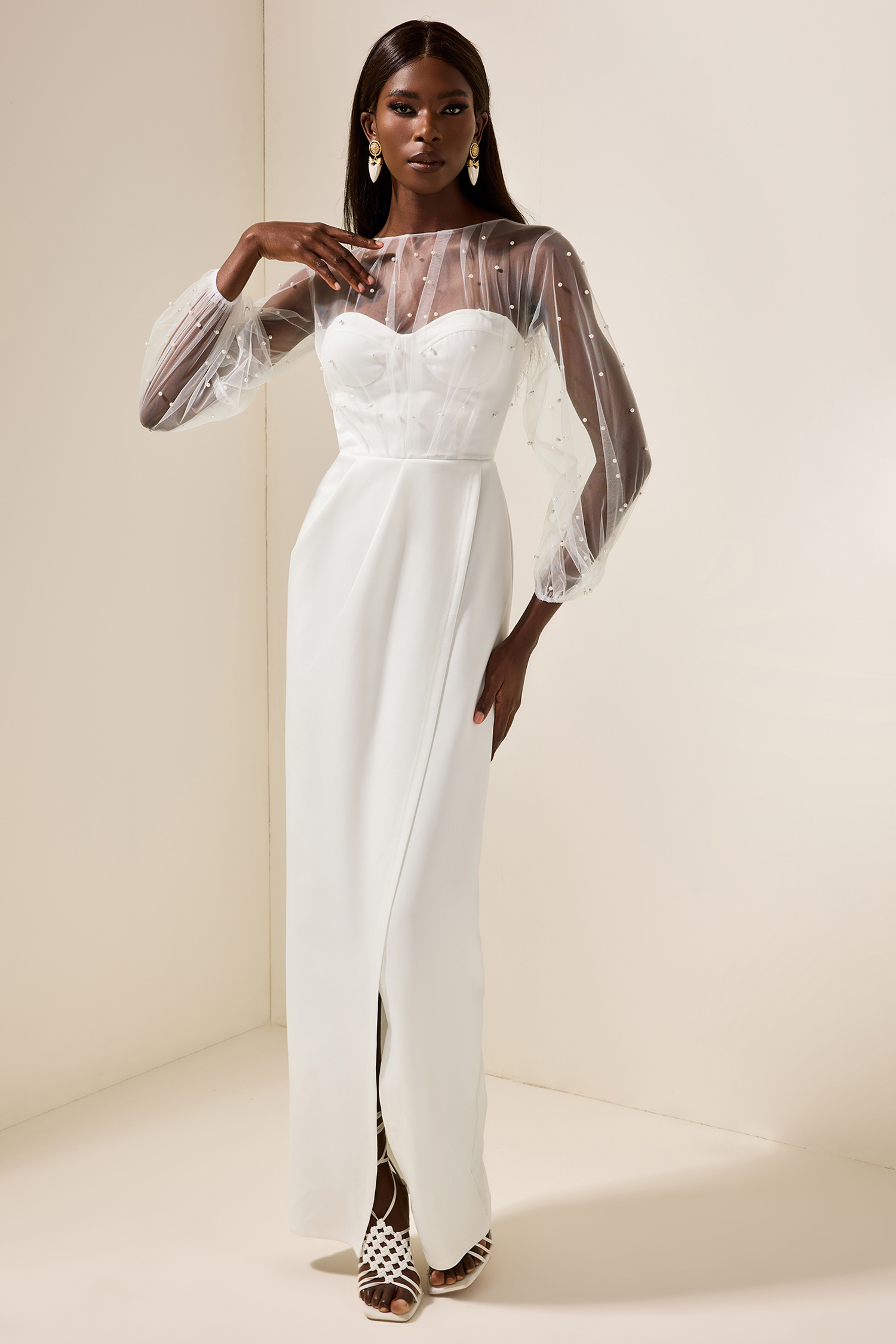 Faux Pearl Lantern Sleeve Midi Dress