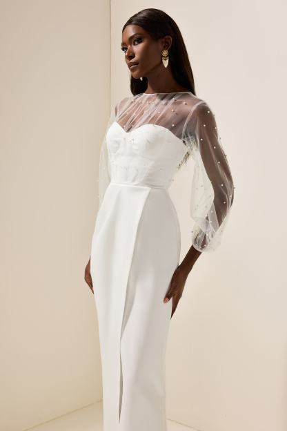 Faux Pearl Lantern Sleeve Midi Dress