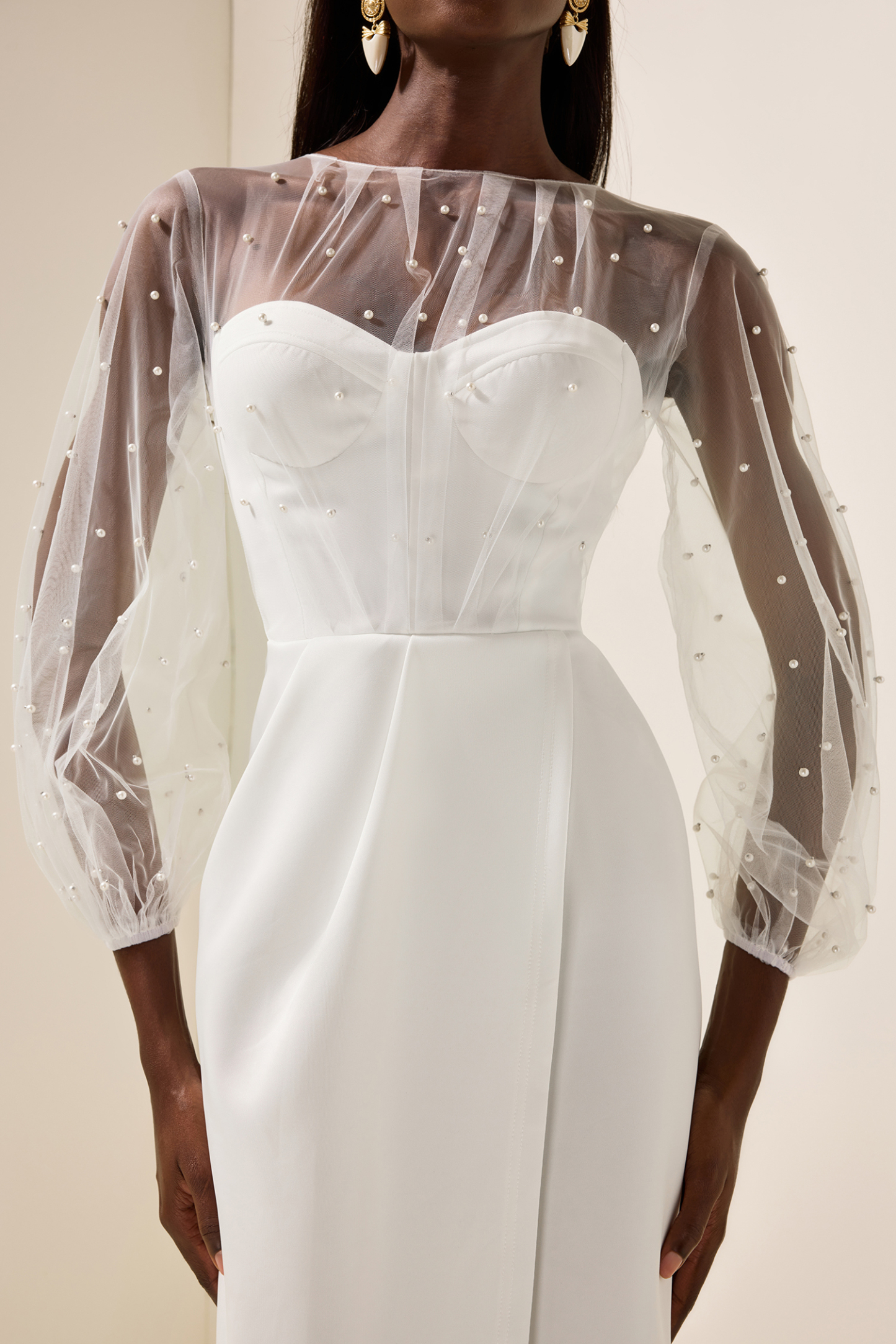 Faux Pearl Lantern Sleeve Midi Dress