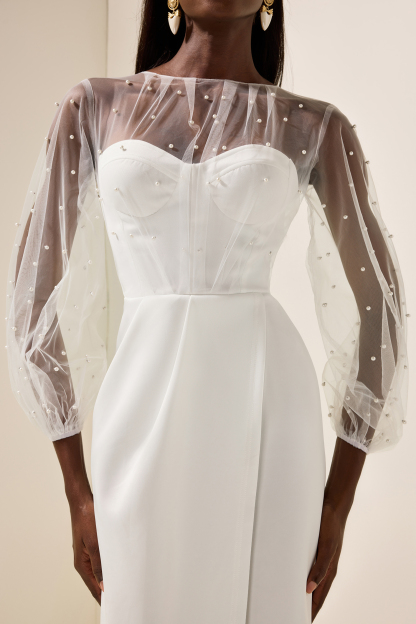 Faux Pearl Lantern Sleeve Midi Dress