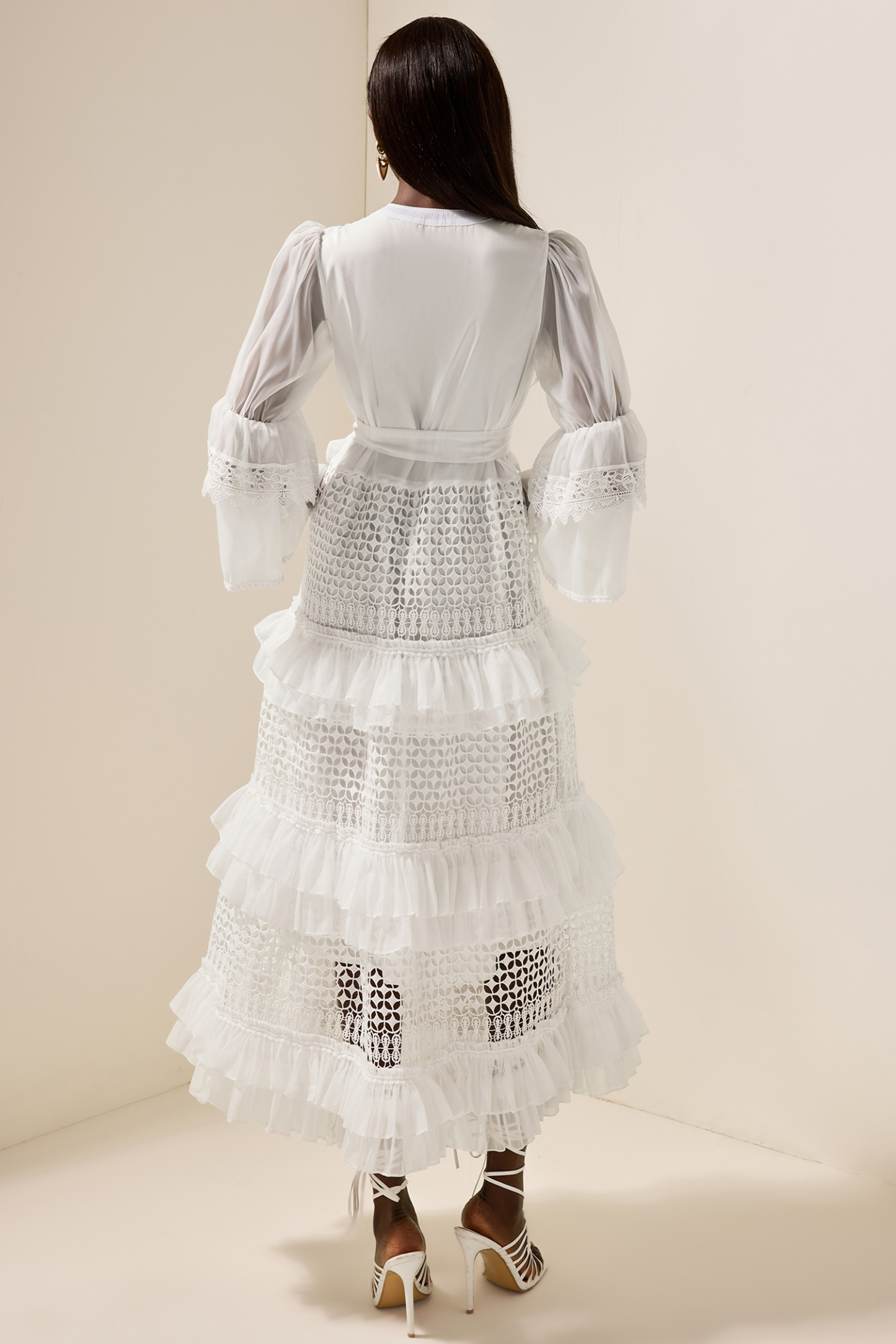 Bell Sleeve Frill Lace Midi Dress