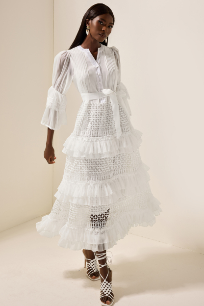 Bell Sleeve Frill Lace Midi Dress