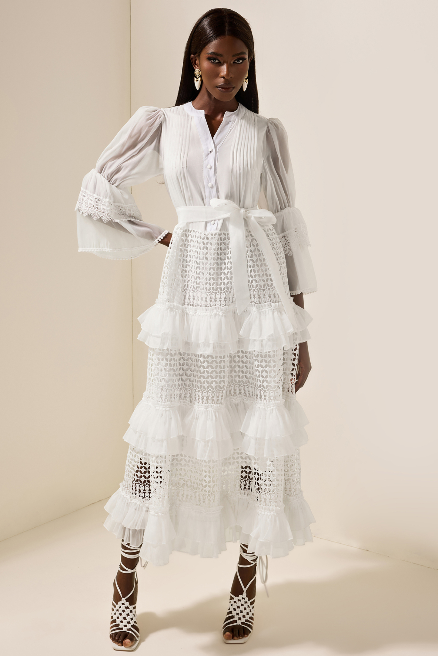 Bell Sleeve Frill Lace Midi Dress