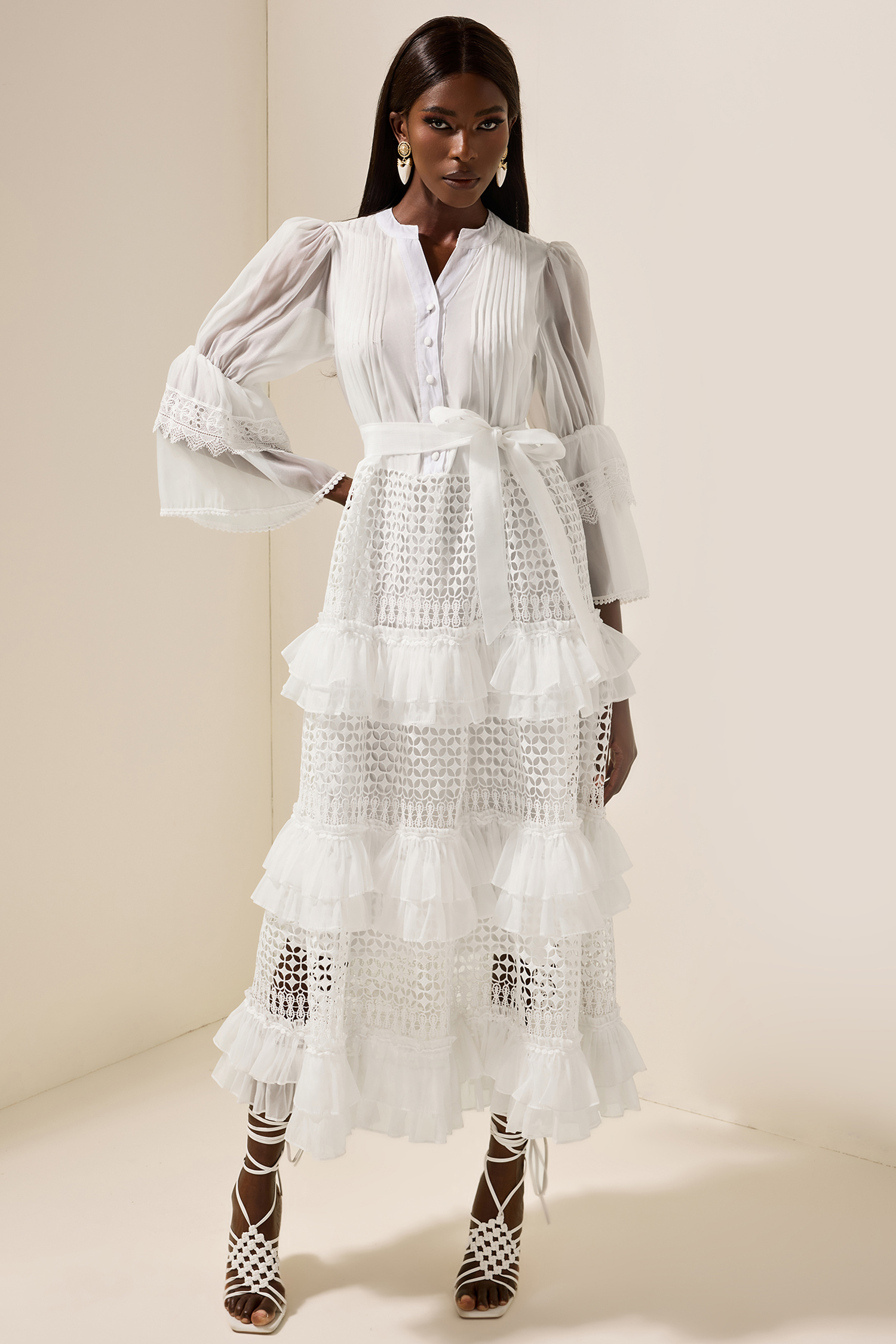 Bell Sleeve Frill Lace Midi Dress