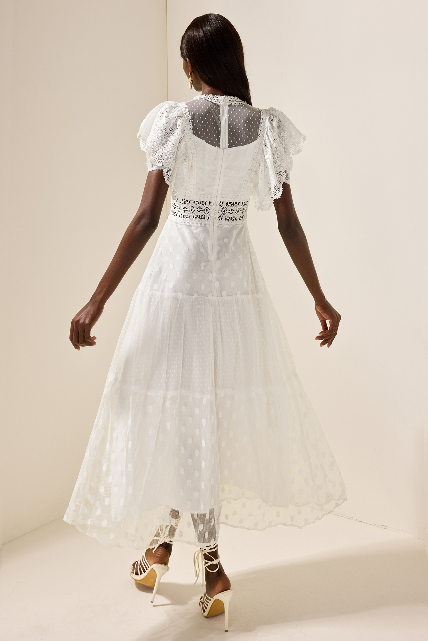 Mesh Lace Frill Midi Dress