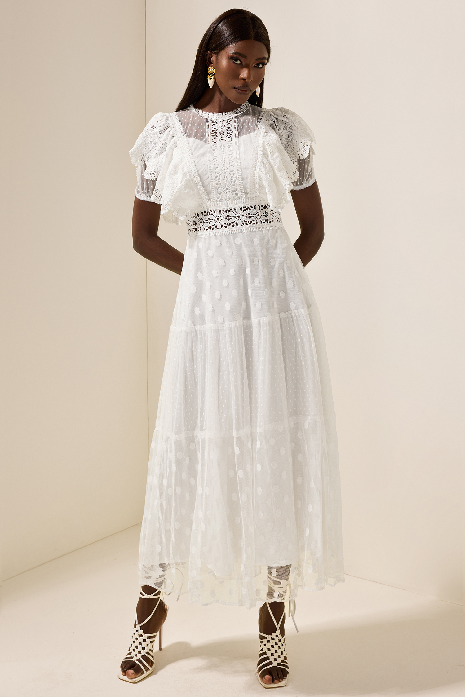 Mesh Lace Frill Midi Dress
