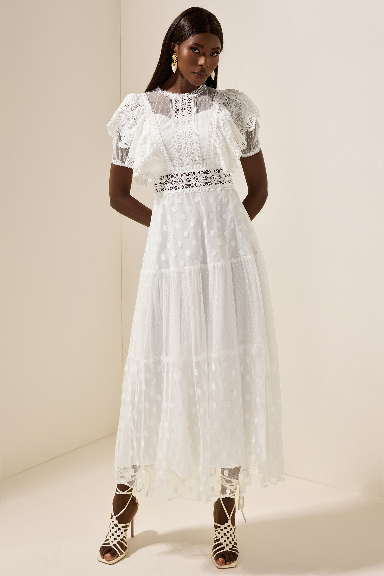 Mesh Lace Frill Midi Dress