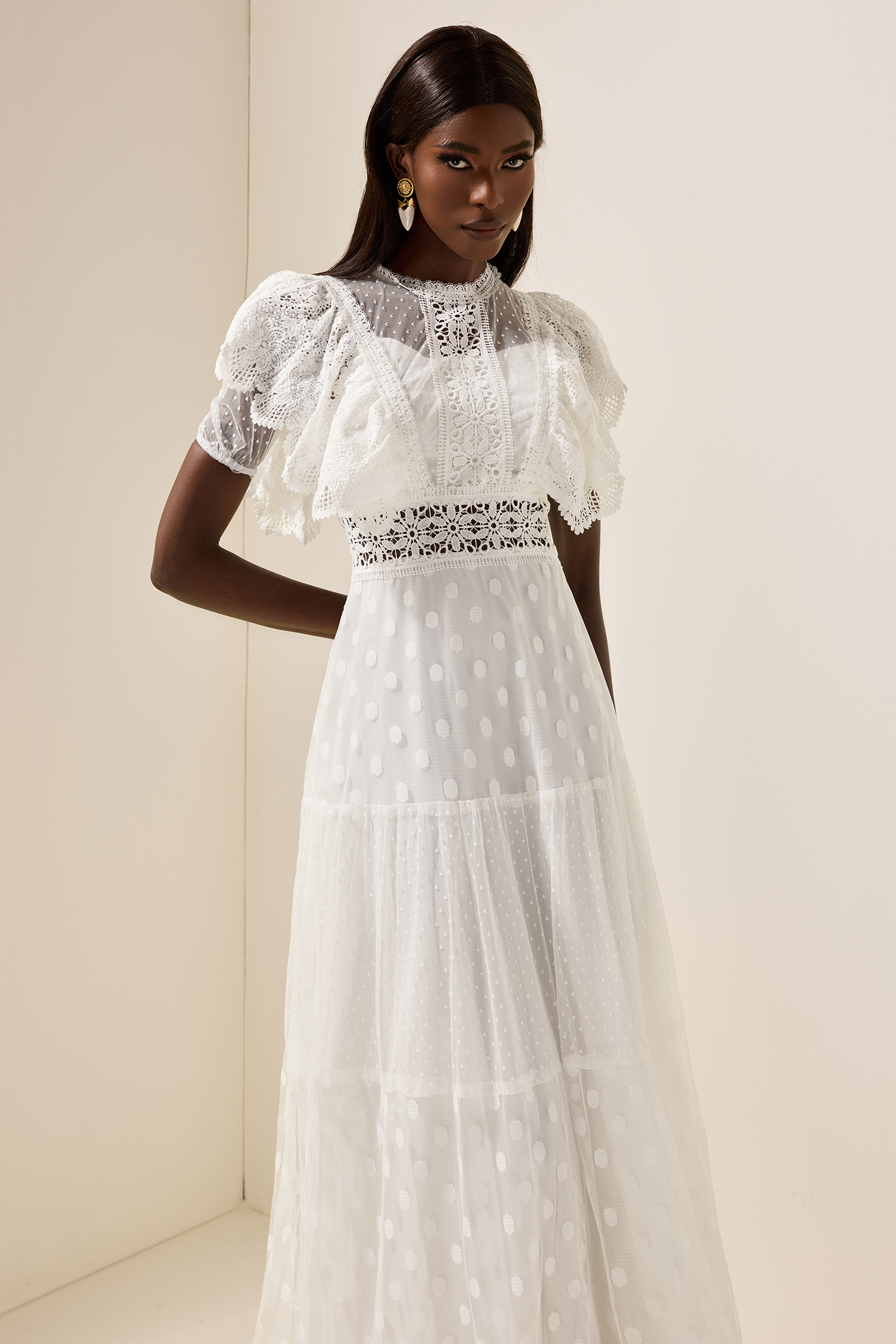 Mesh Lace Frill Midi Dress