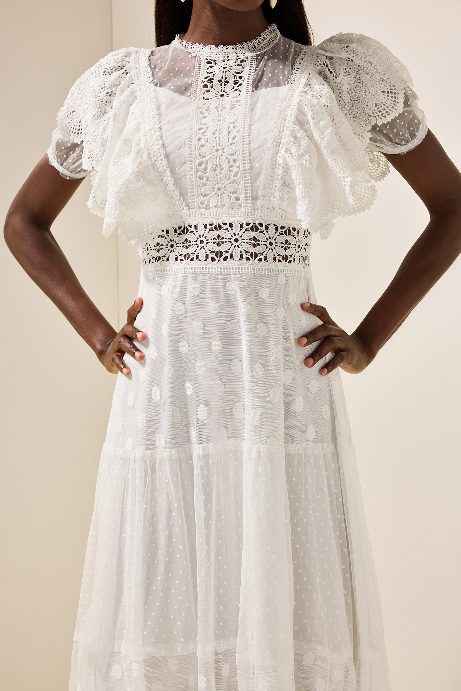 Mesh Lace Frill Midi Dress