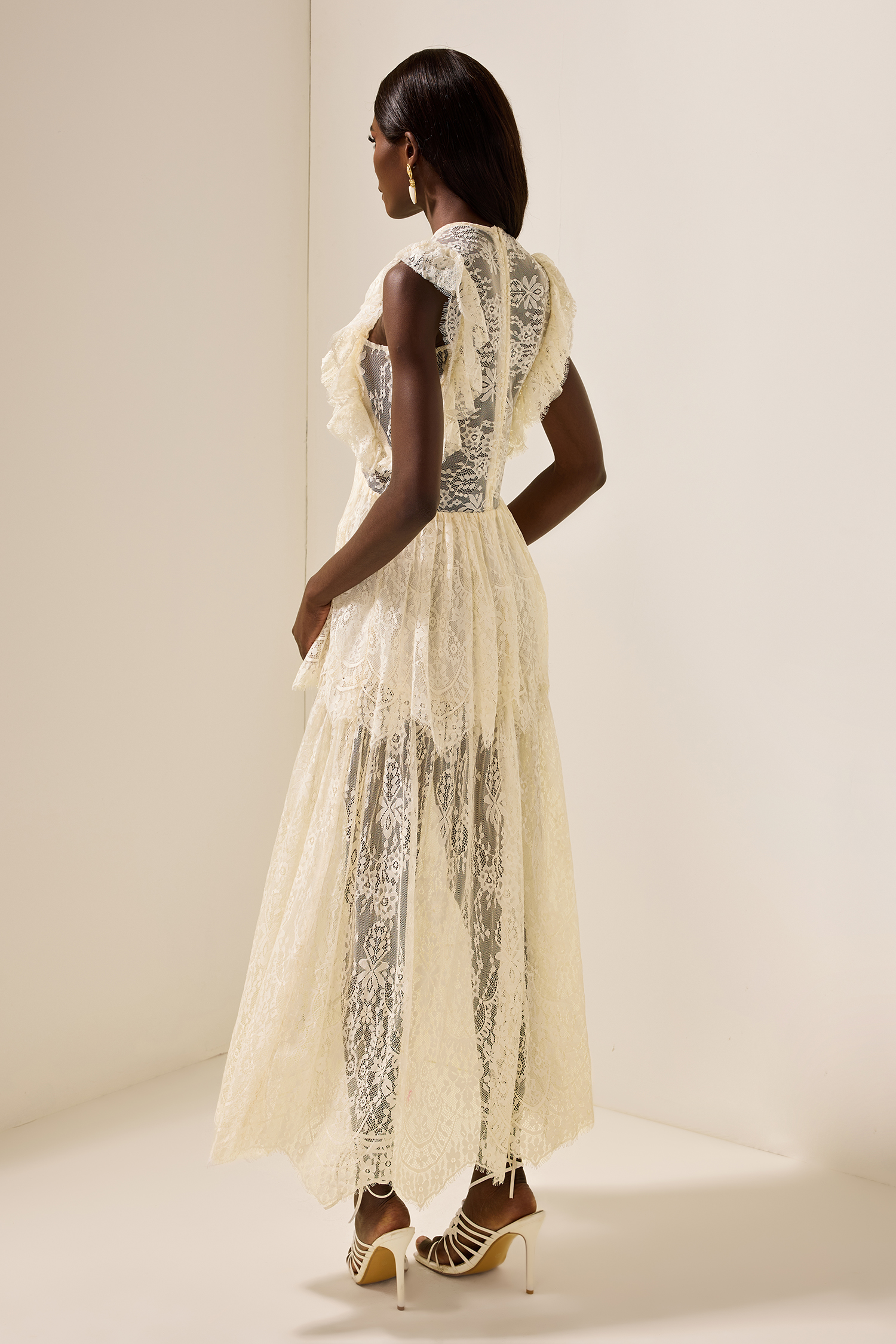 Lace Bow Frill Round Neck Midi Dress