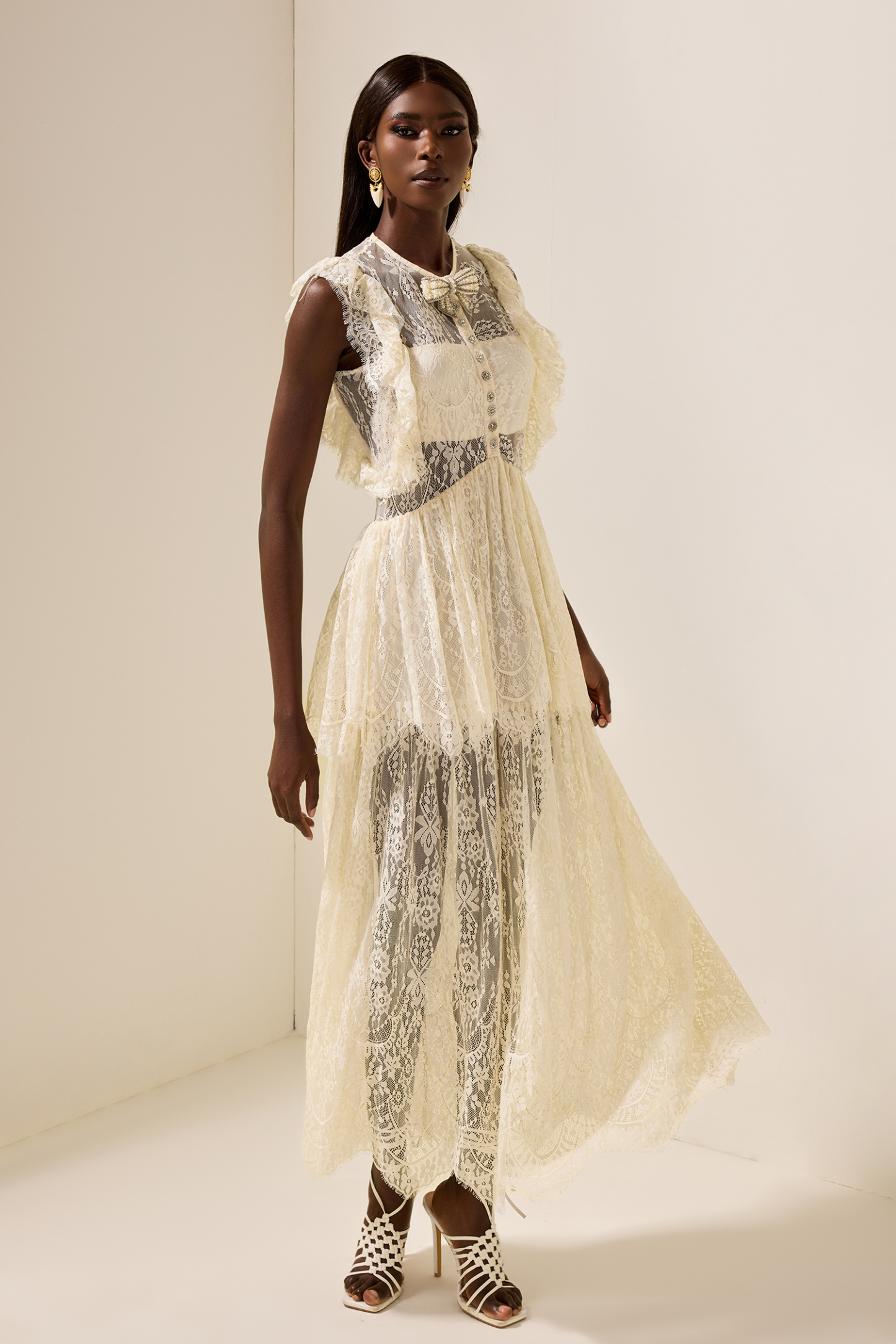 Lace Bow Frill Round Neck Midi Dress