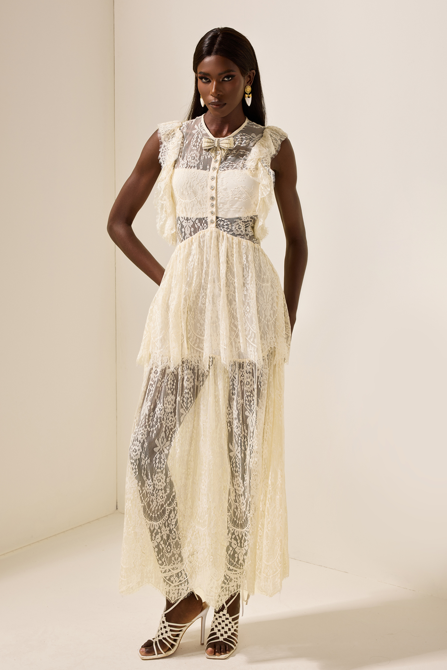 Lace Bow Frill Round Neck Midi Dress