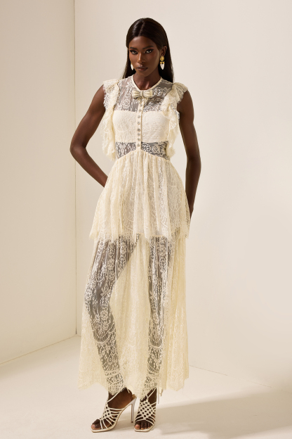 Lace Bow Frill Round Neck Midi Dress