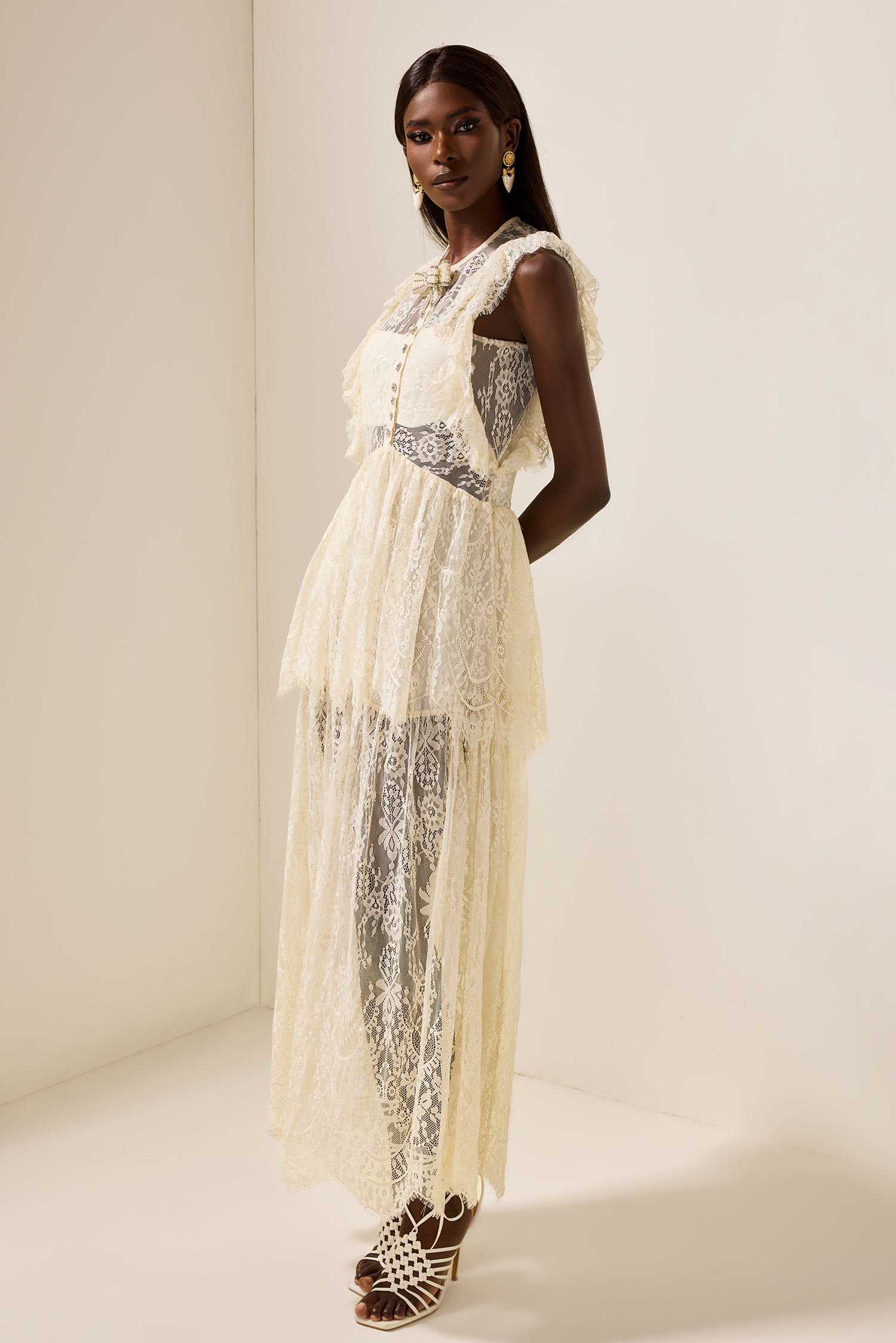 Lace Bow Frill Round Neck Midi Dress