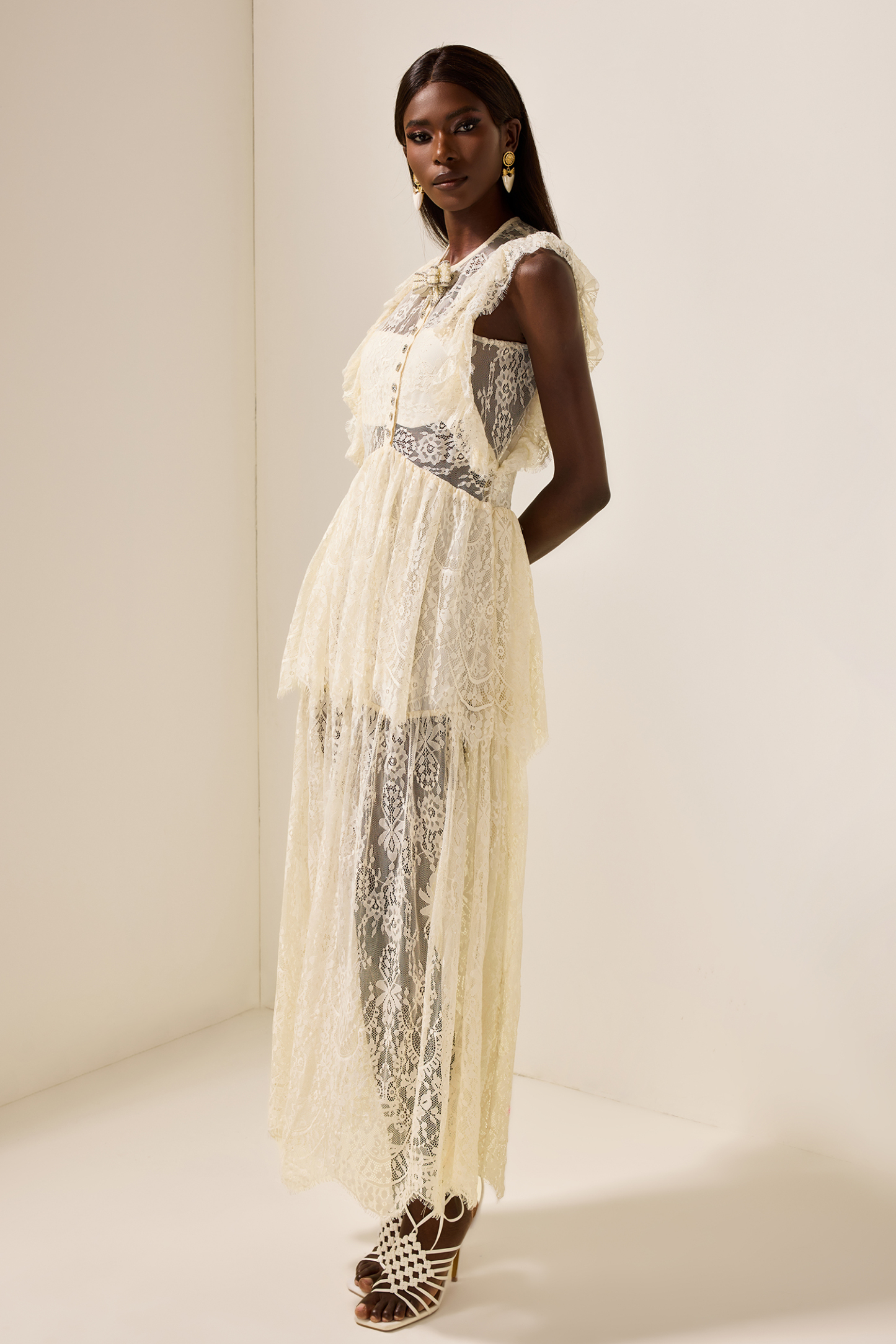 Lace Bow Frill Round Neck Midi Dress