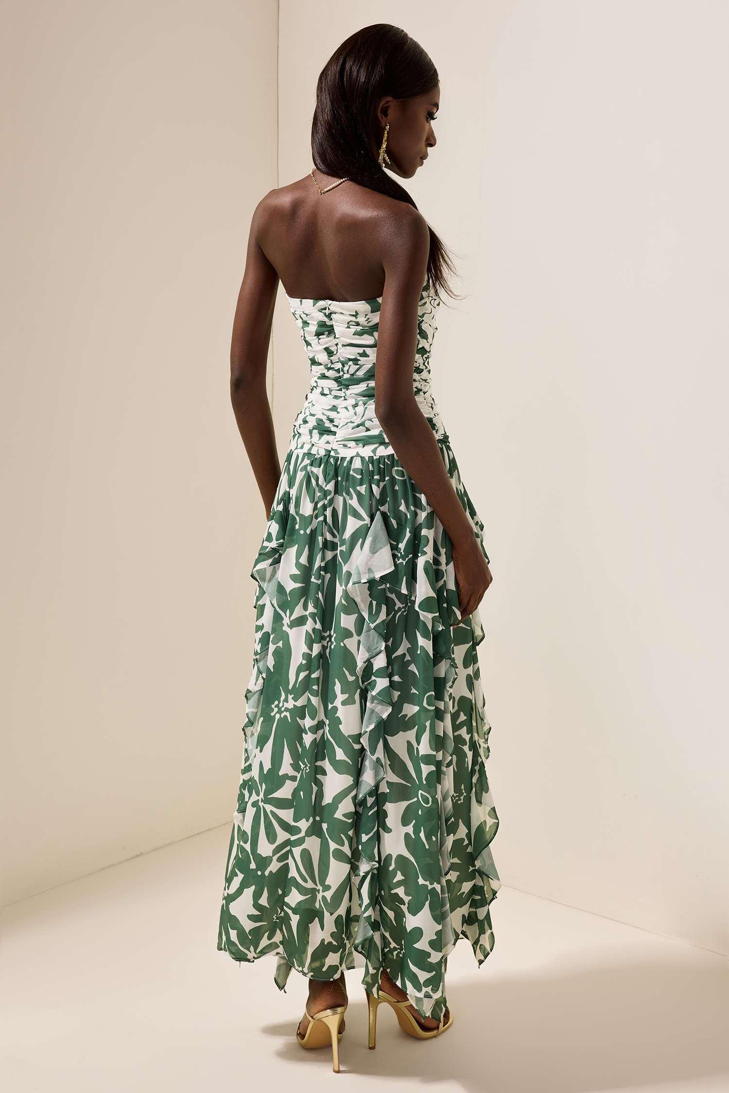 Floral Ruched Strapless Midi Dress