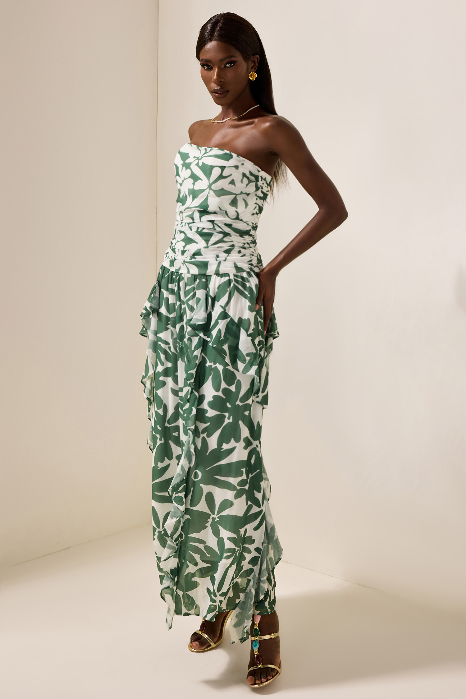 Floral Ruched Strapless Midi Dress