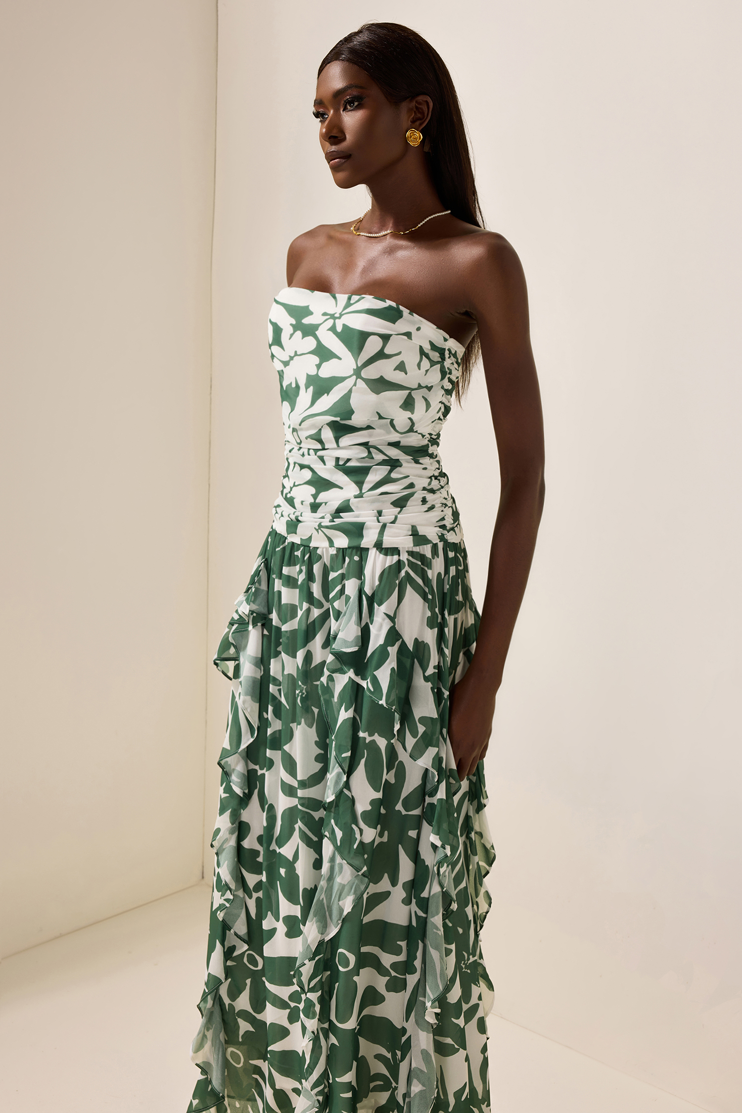 Floral Ruched Strapless Midi Dress