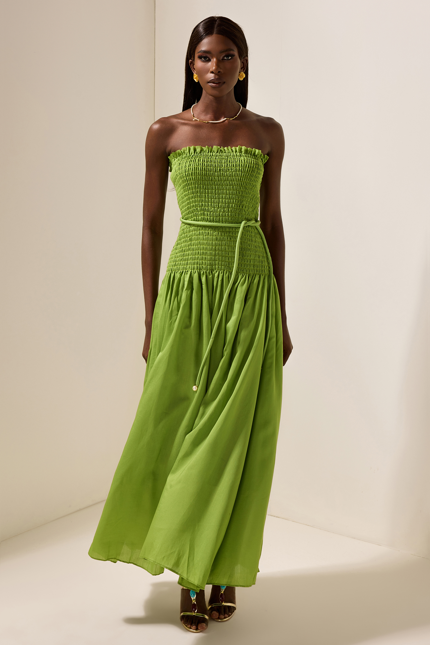 Solid Smocking Sleeveless Midi Dress