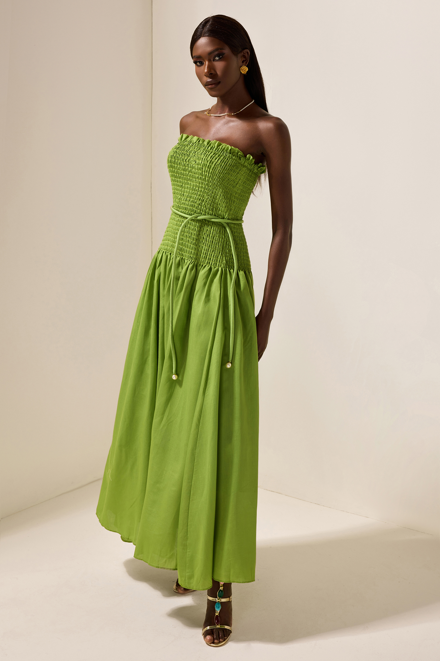 Solid Smocking Sleeveless Midi Dress