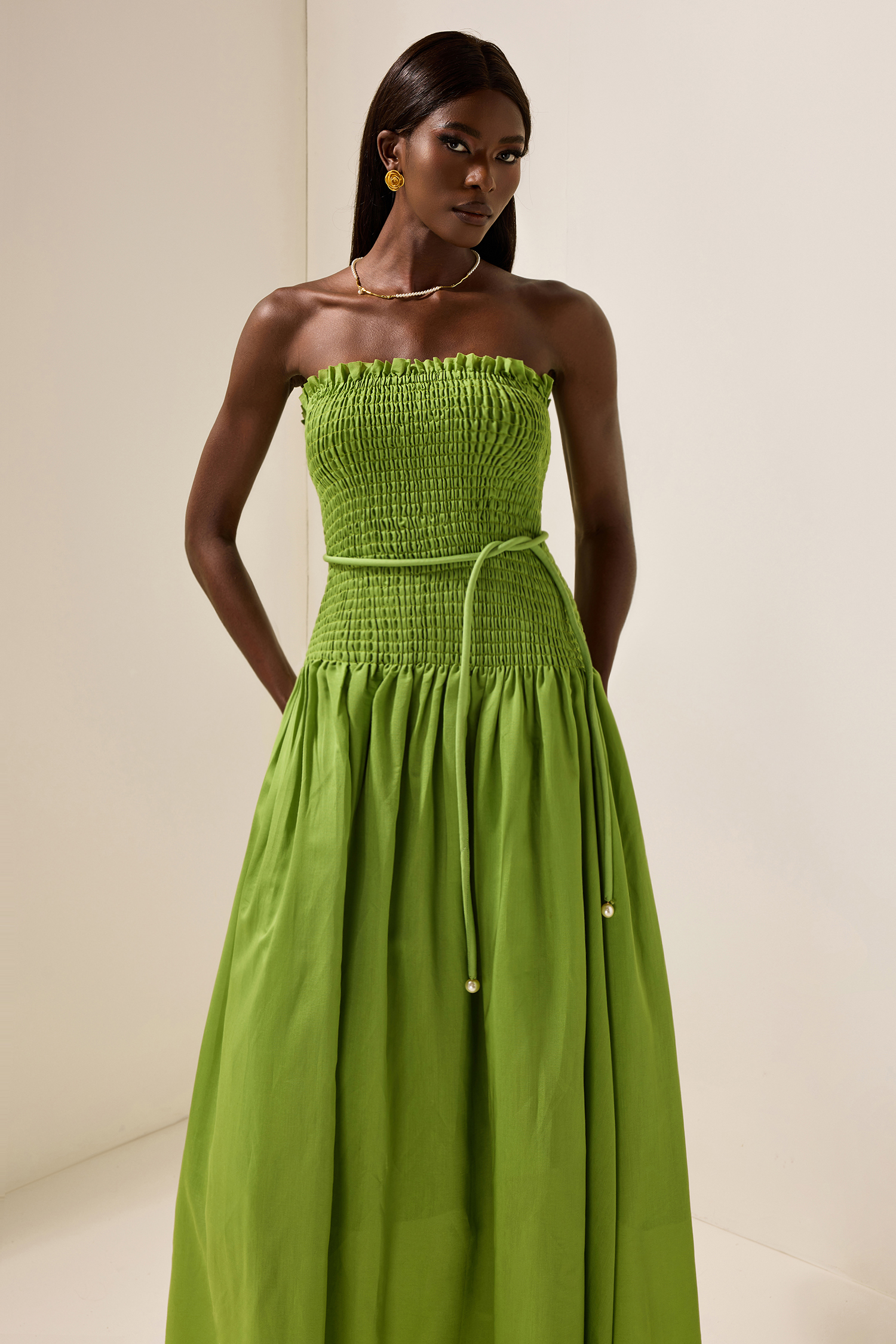 Solid Smocking Sleeveless Midi Dress