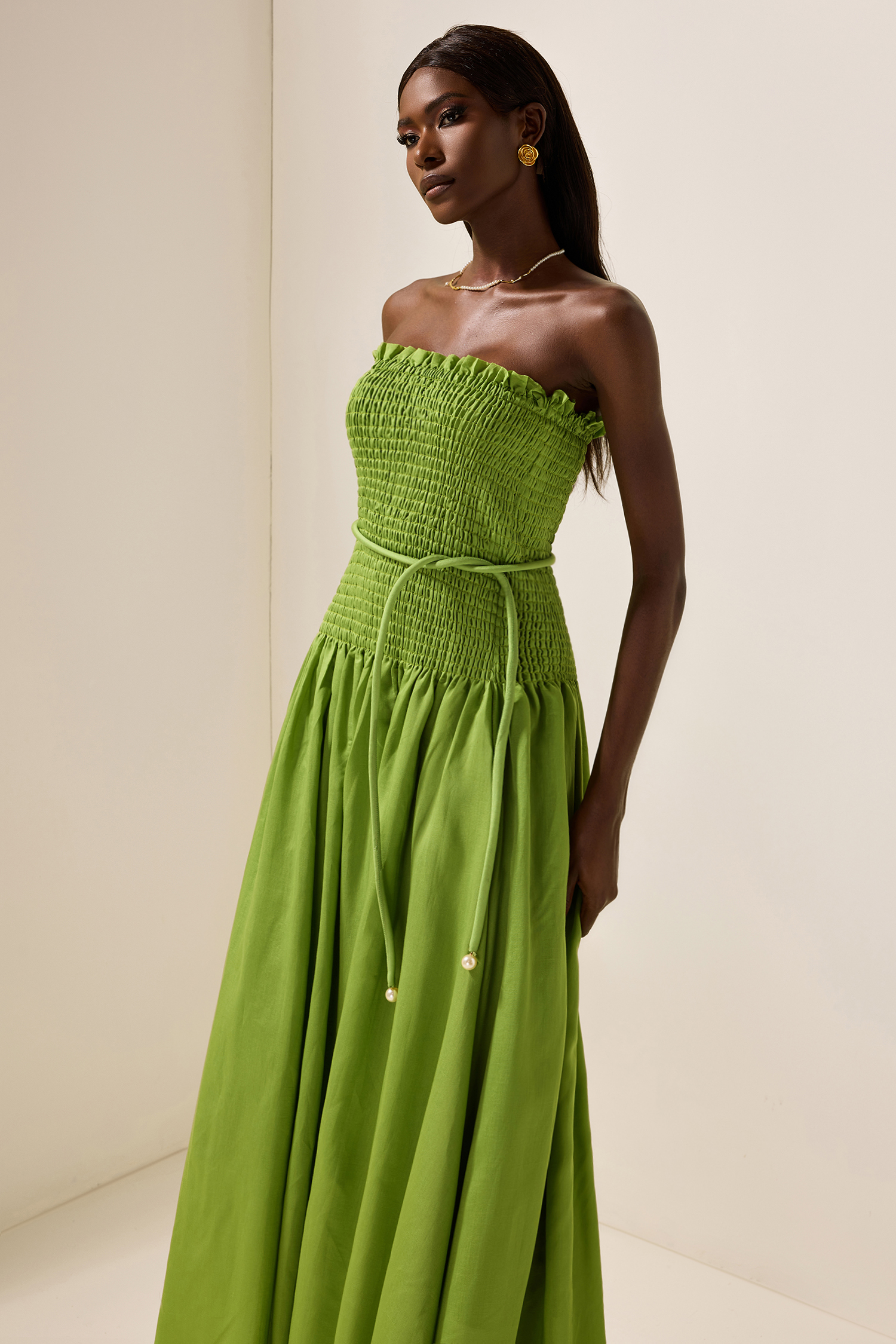 Solid Smocking Sleeveless Midi Dress