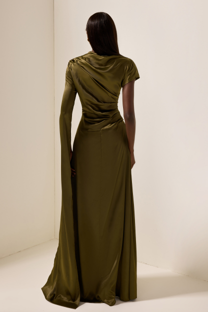 Satin Asymmetrical Neckline Draped Maxi Dress