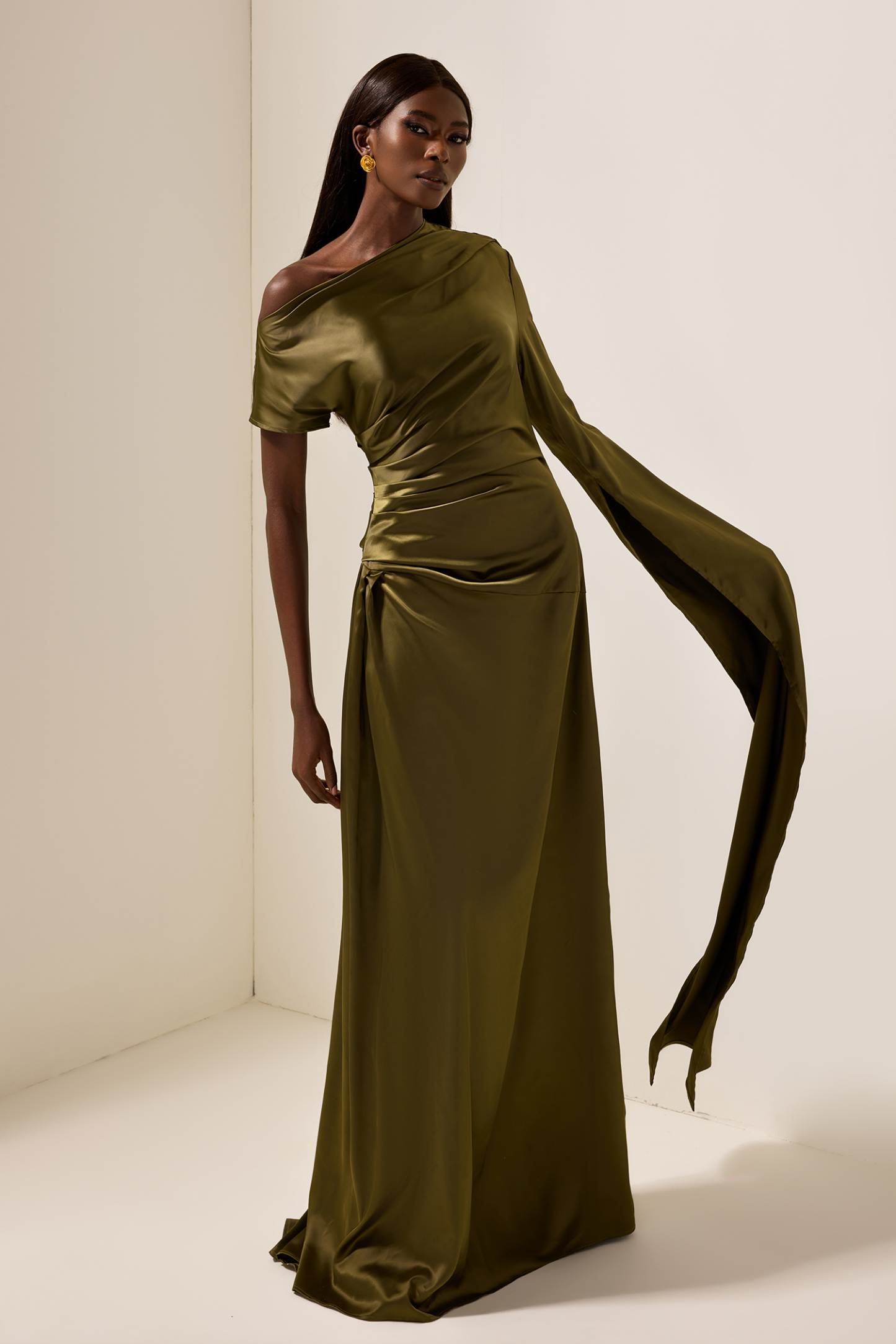Satin Asymmetrical Neckline Draped Maxi Dress