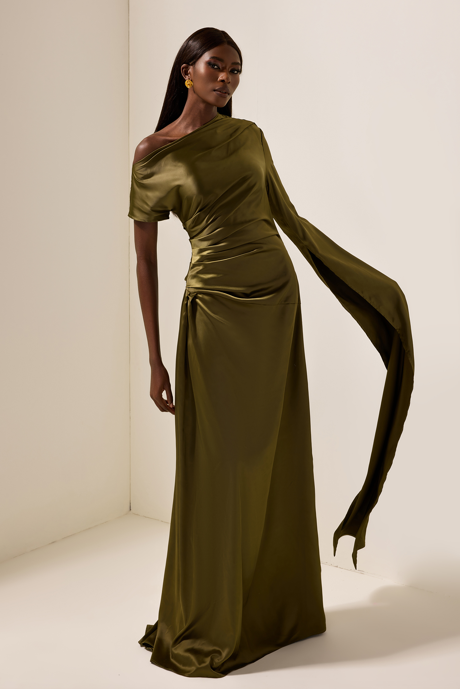 Satin Asymmetrical Neckline Draped Maxi Dress