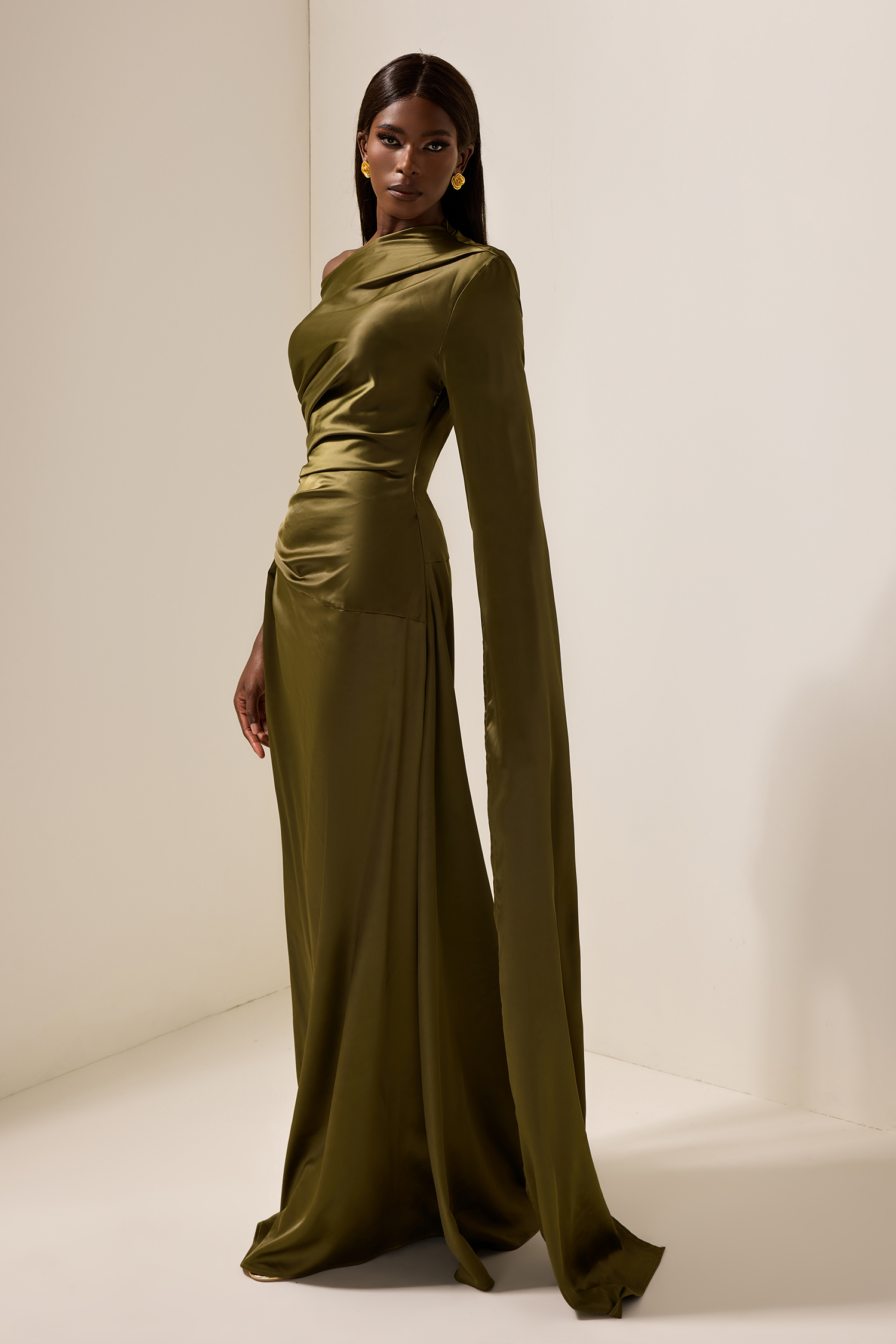 Satin Asymmetrical Neckline Draped Maxi Dress