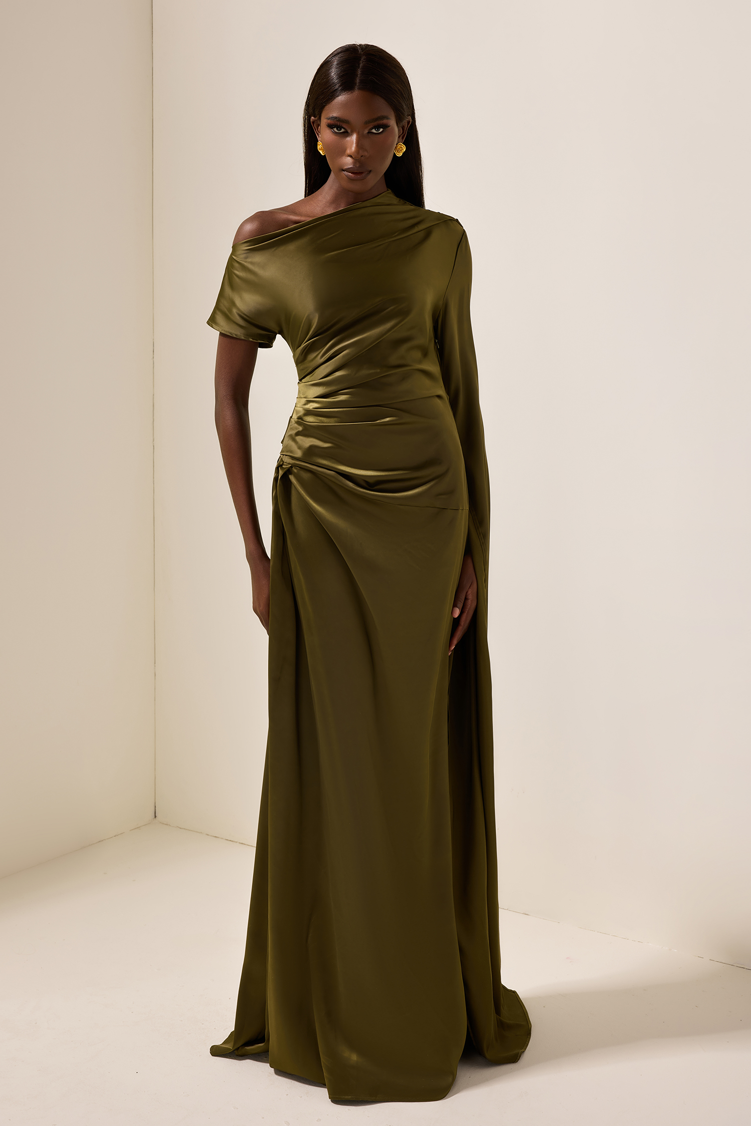 Satin Asymmetrical Neckline Draped Maxi Dress