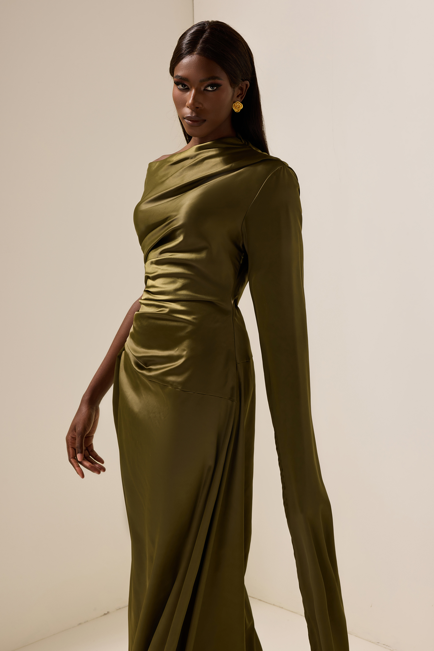 Satin Asymmetrical Neckline Draped Maxi Dress