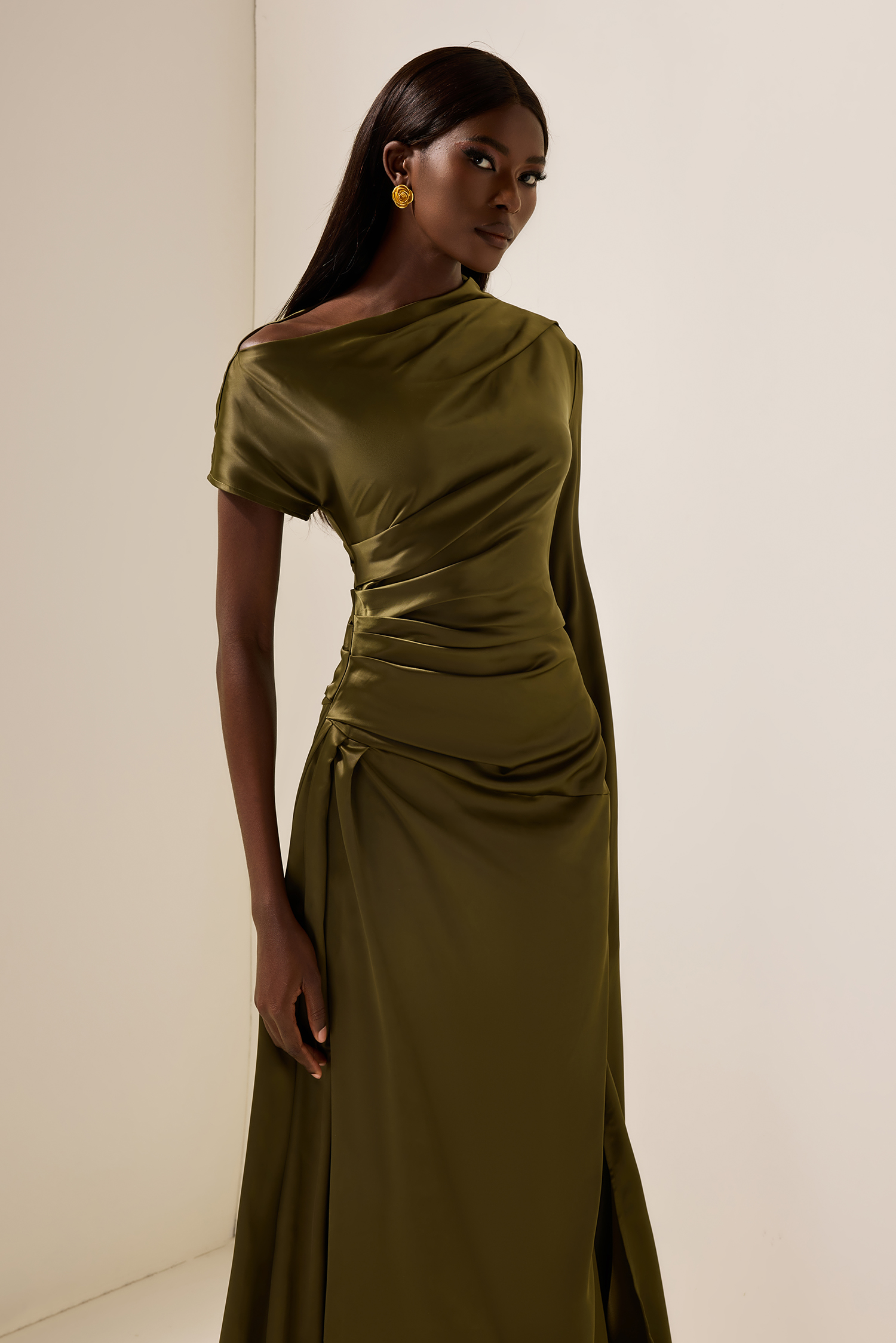 Satin Asymmetrical Neckline Draped Maxi Dress