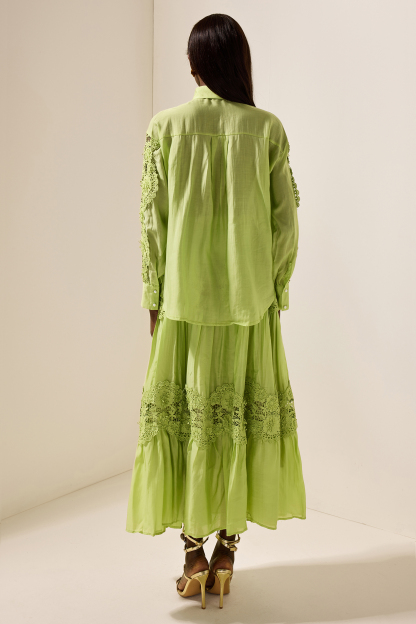 Embroidered Lace Solid Top ＆ Lace Mid Waist Midi Skirt Set