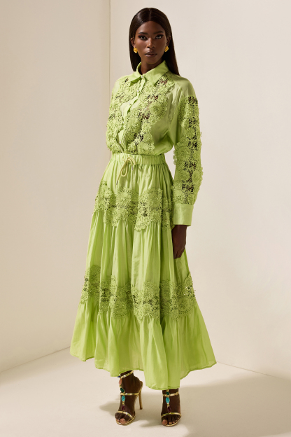 Embroidered Lace Solid Top ＆ Lace Mid Waist Midi Skirt Set