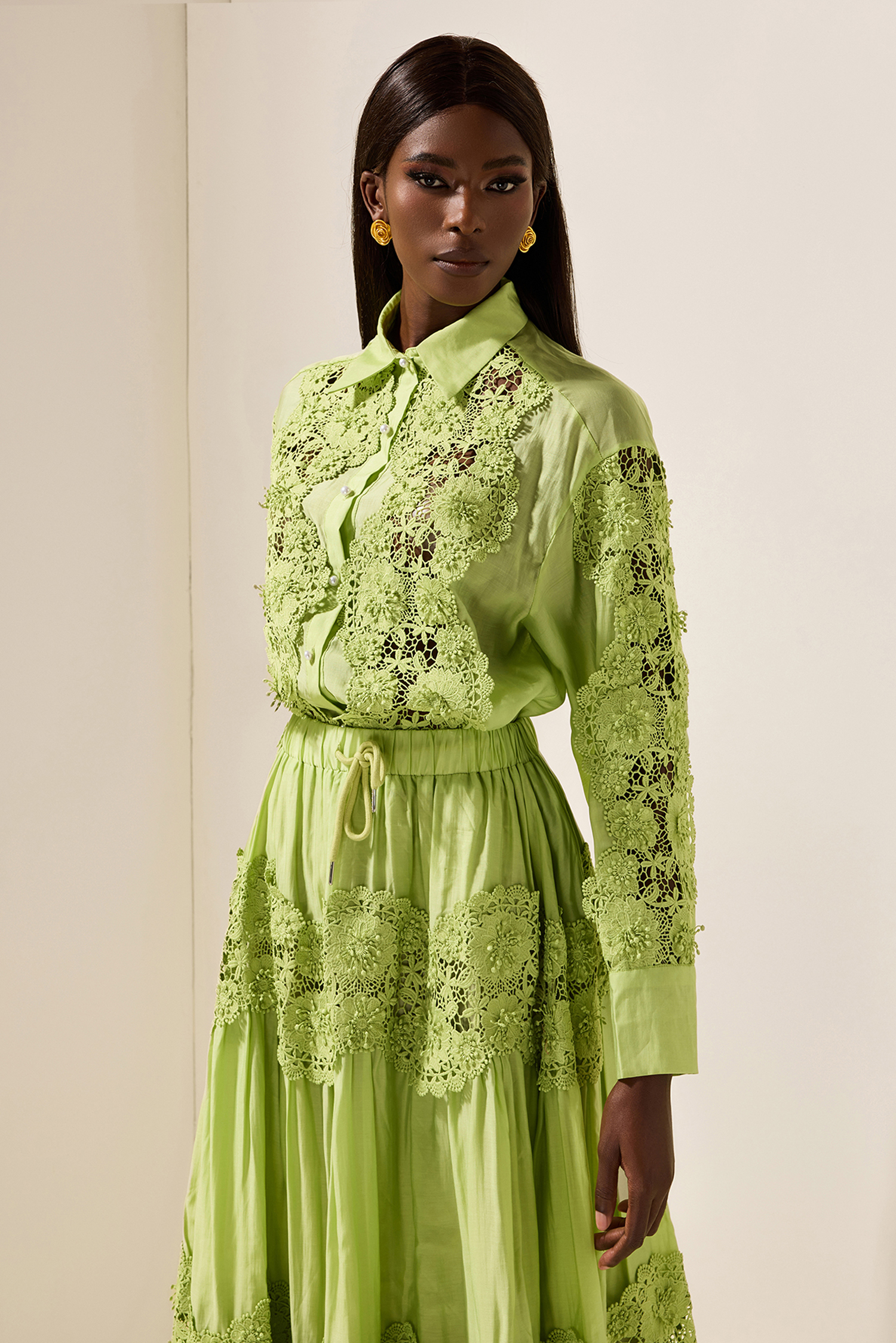 Embroidered Lace Solid Top ＆ Lace Mid Waist Midi Skirt Set