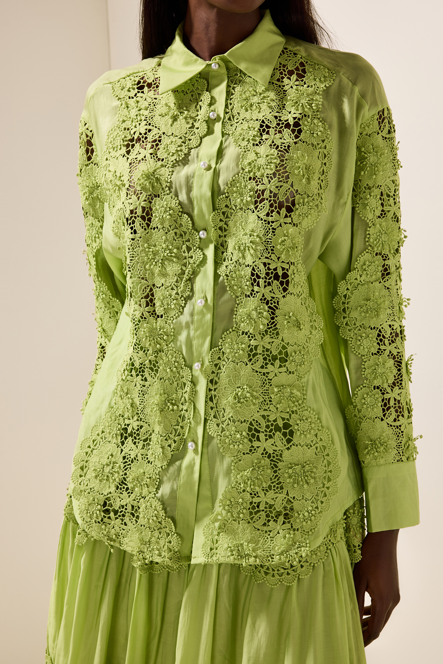 Embroidered Lace Solid Top ＆ Lace Mid Waist Midi Skirt Set