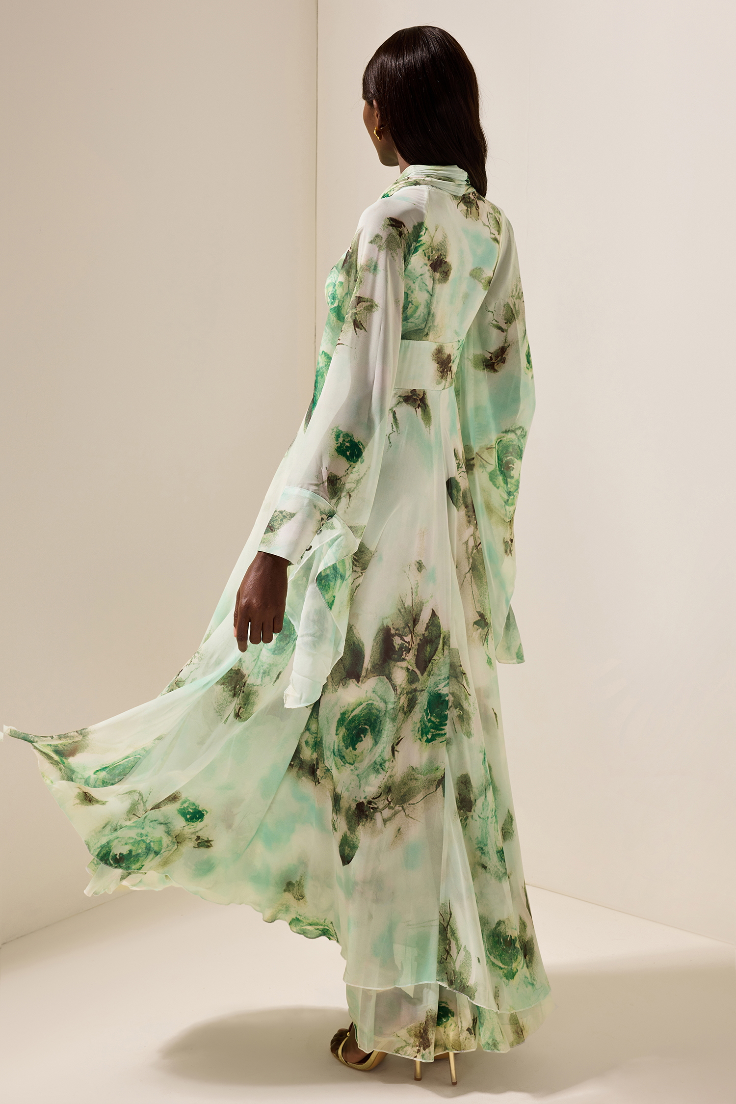 Floral Lace-Up Long Sleeve Maxi Dress