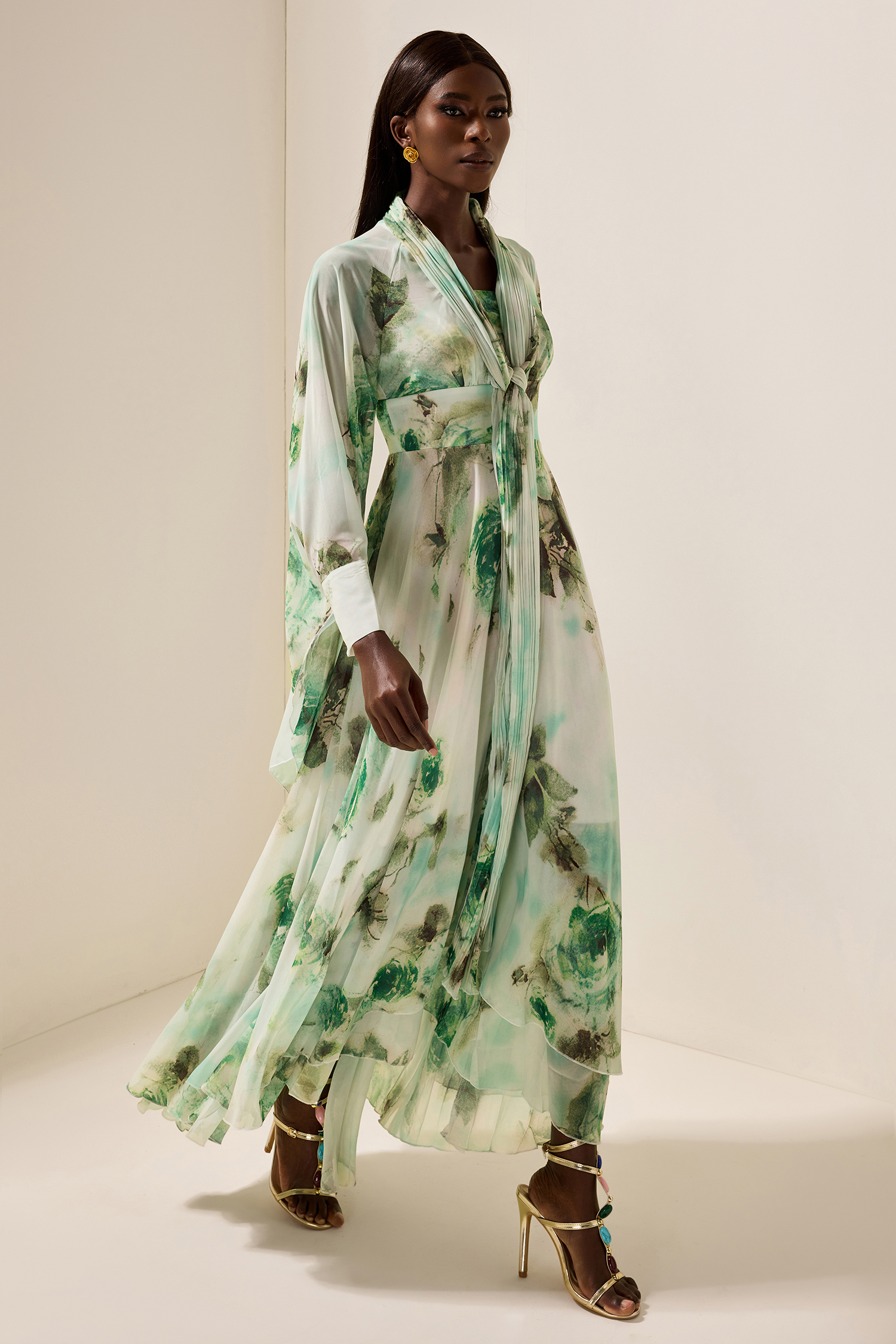 Floral Lace-Up Long Sleeve Maxi Dress