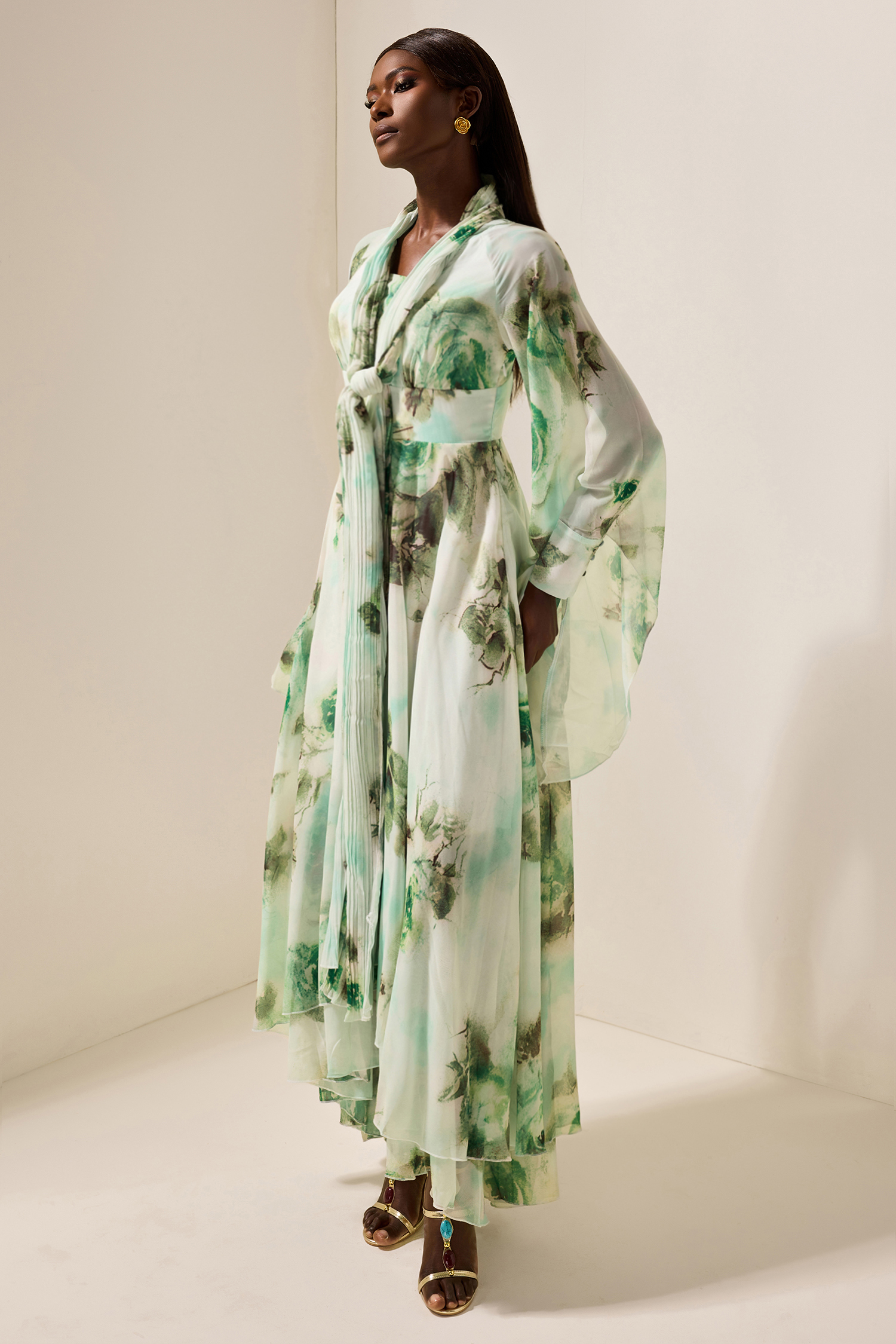 Floral Lace-Up Long Sleeve Maxi Dress