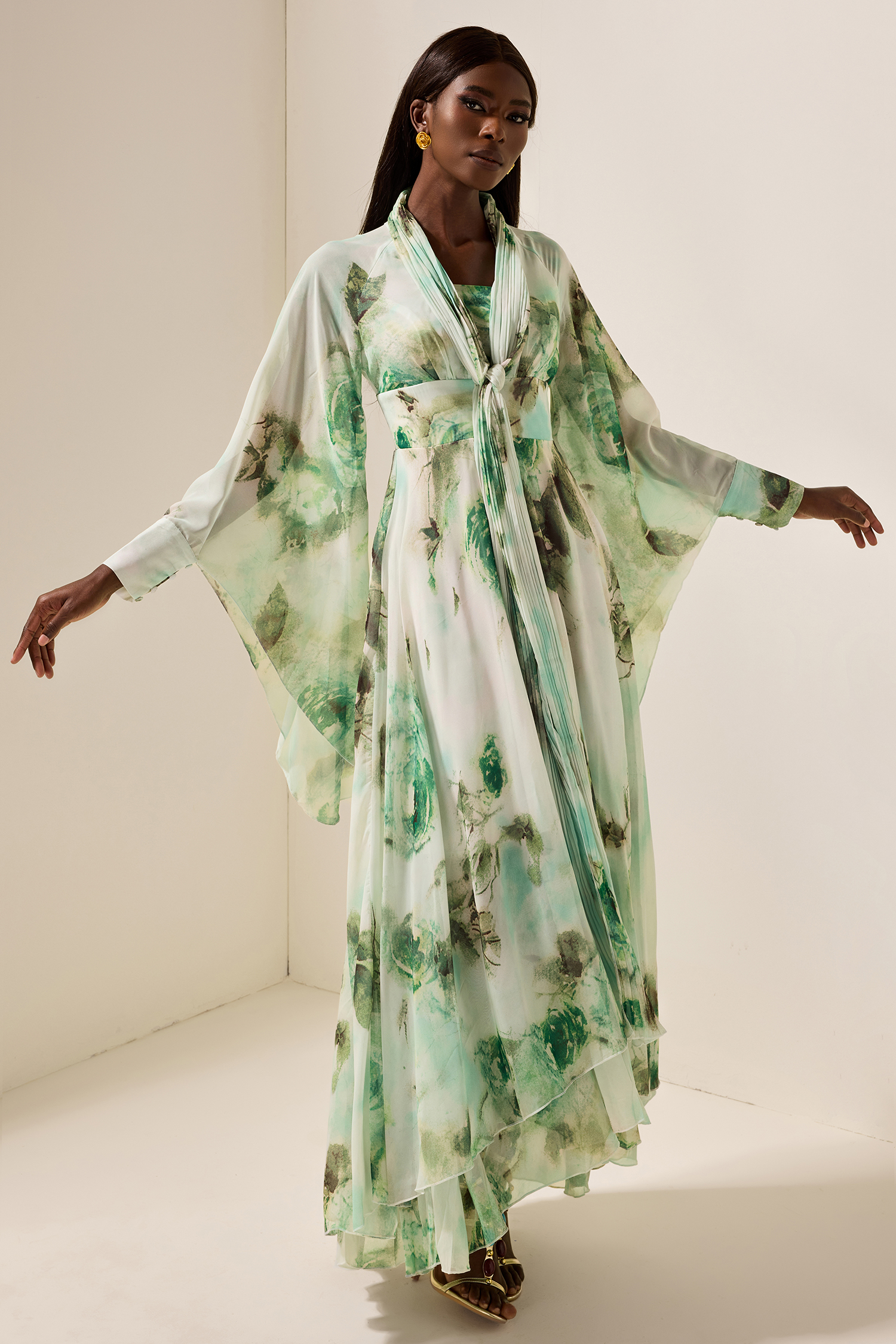 Floral Lace-Up Long Sleeve Maxi Dress