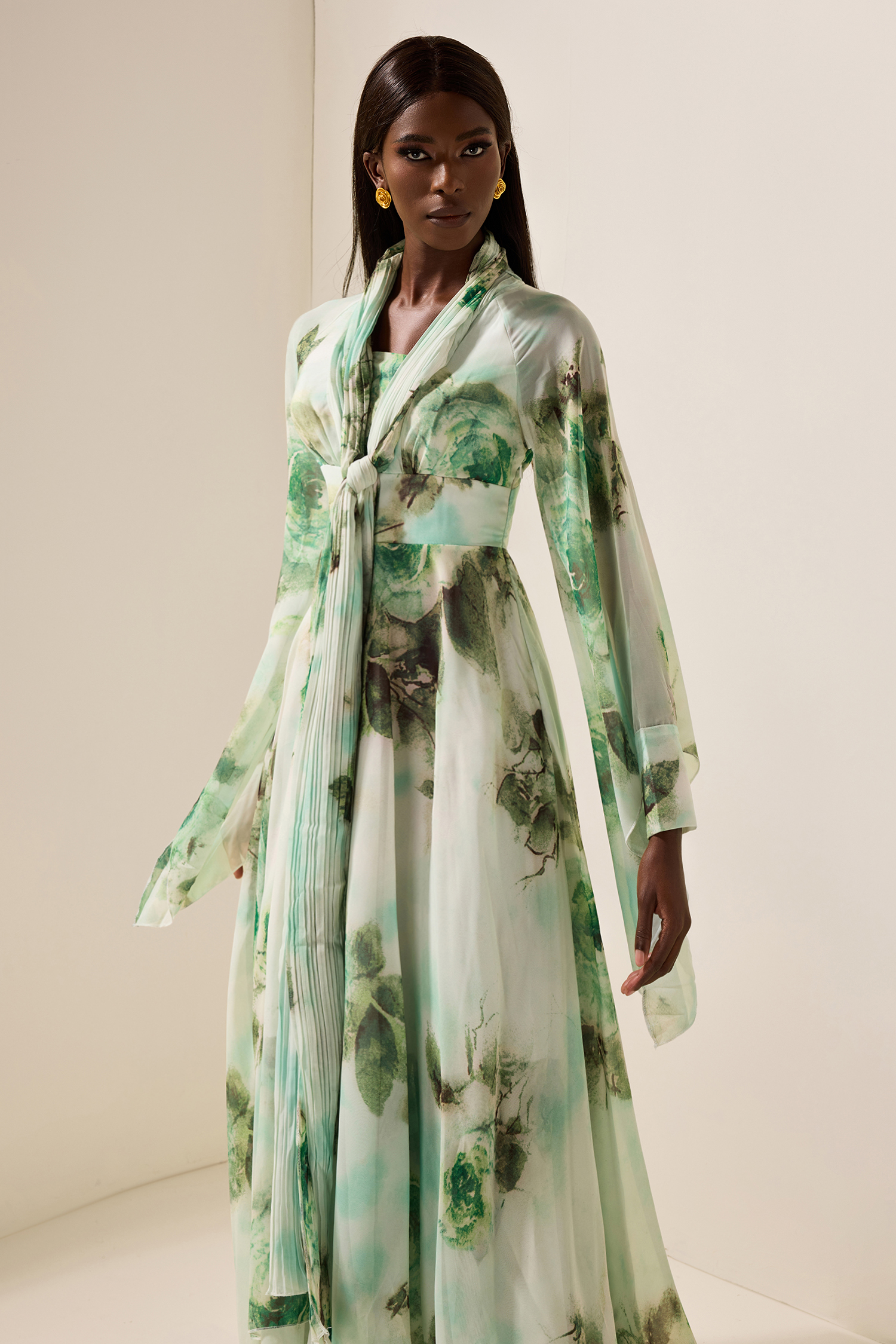 Floral Lace-Up Long Sleeve Maxi Dress