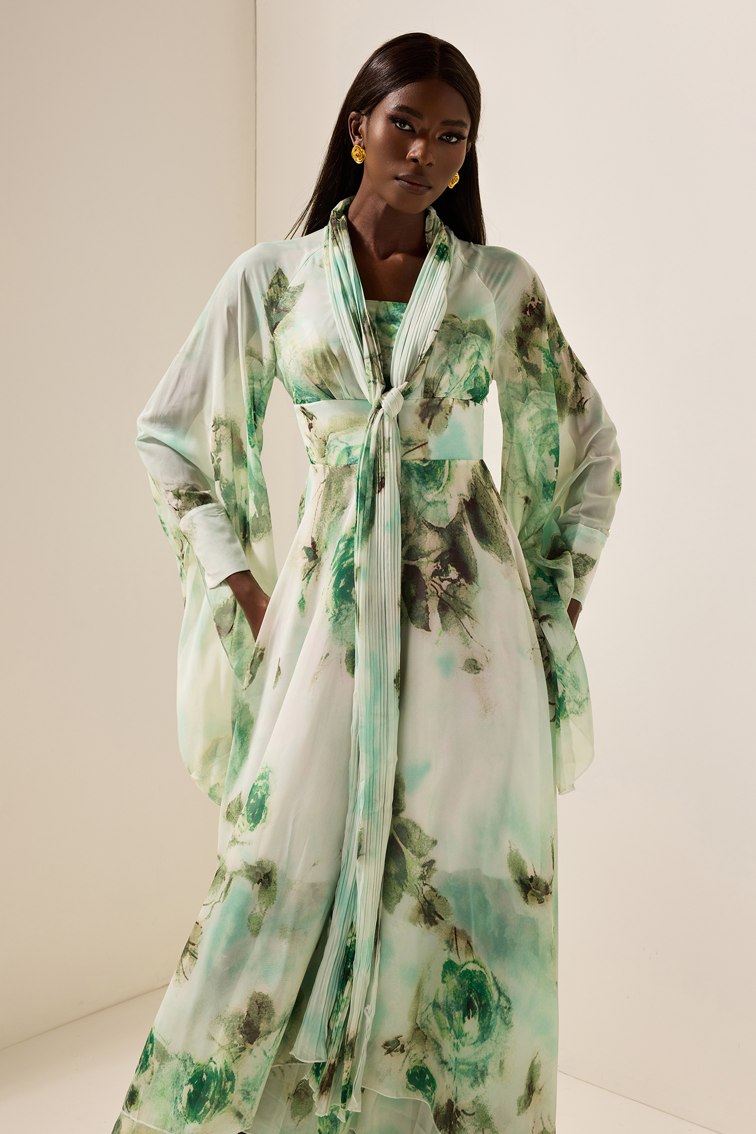 Floral Lace-Up Long Sleeve Maxi Dress