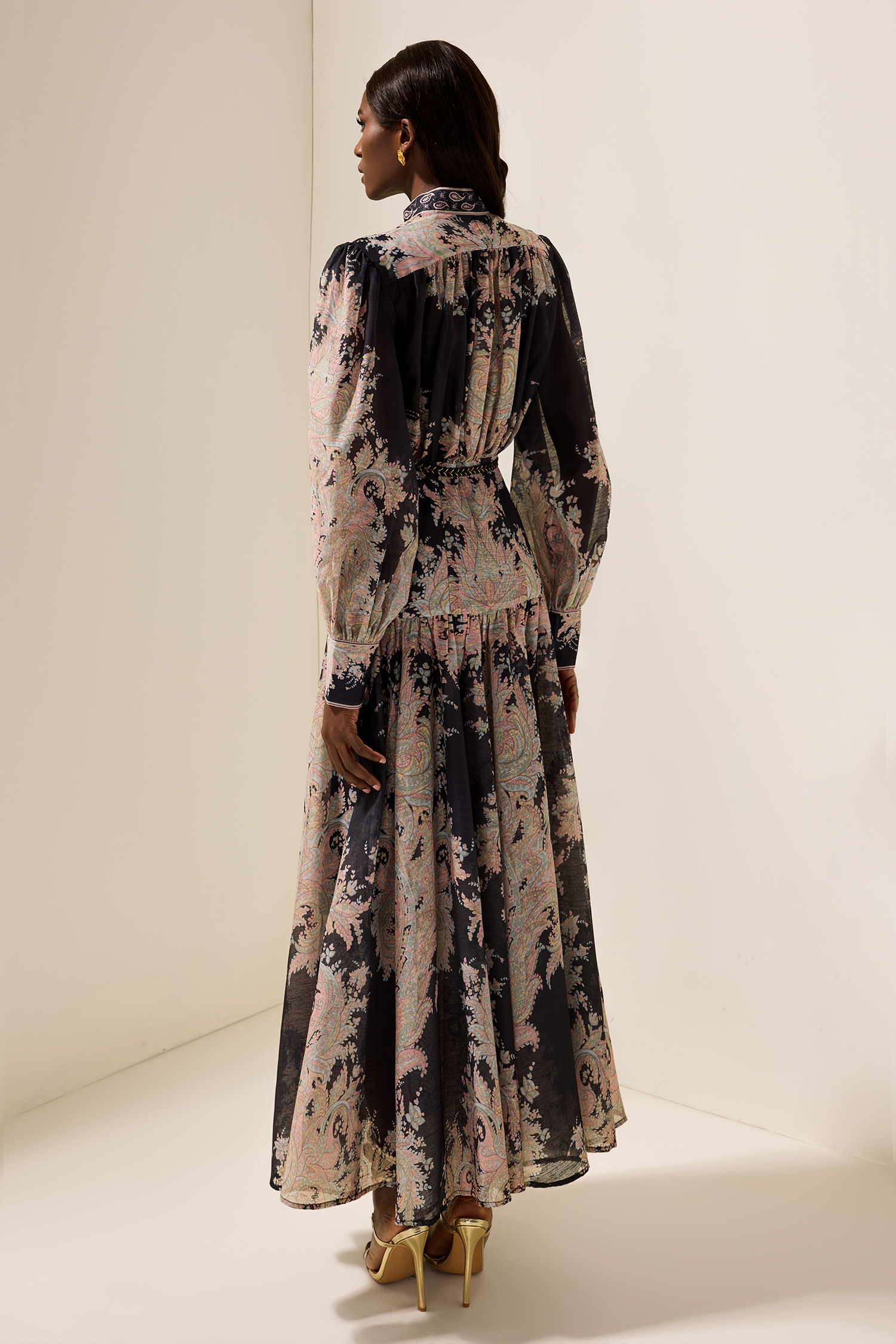 Paisley Print Lantern Sleeve Maxi Dress With Belt